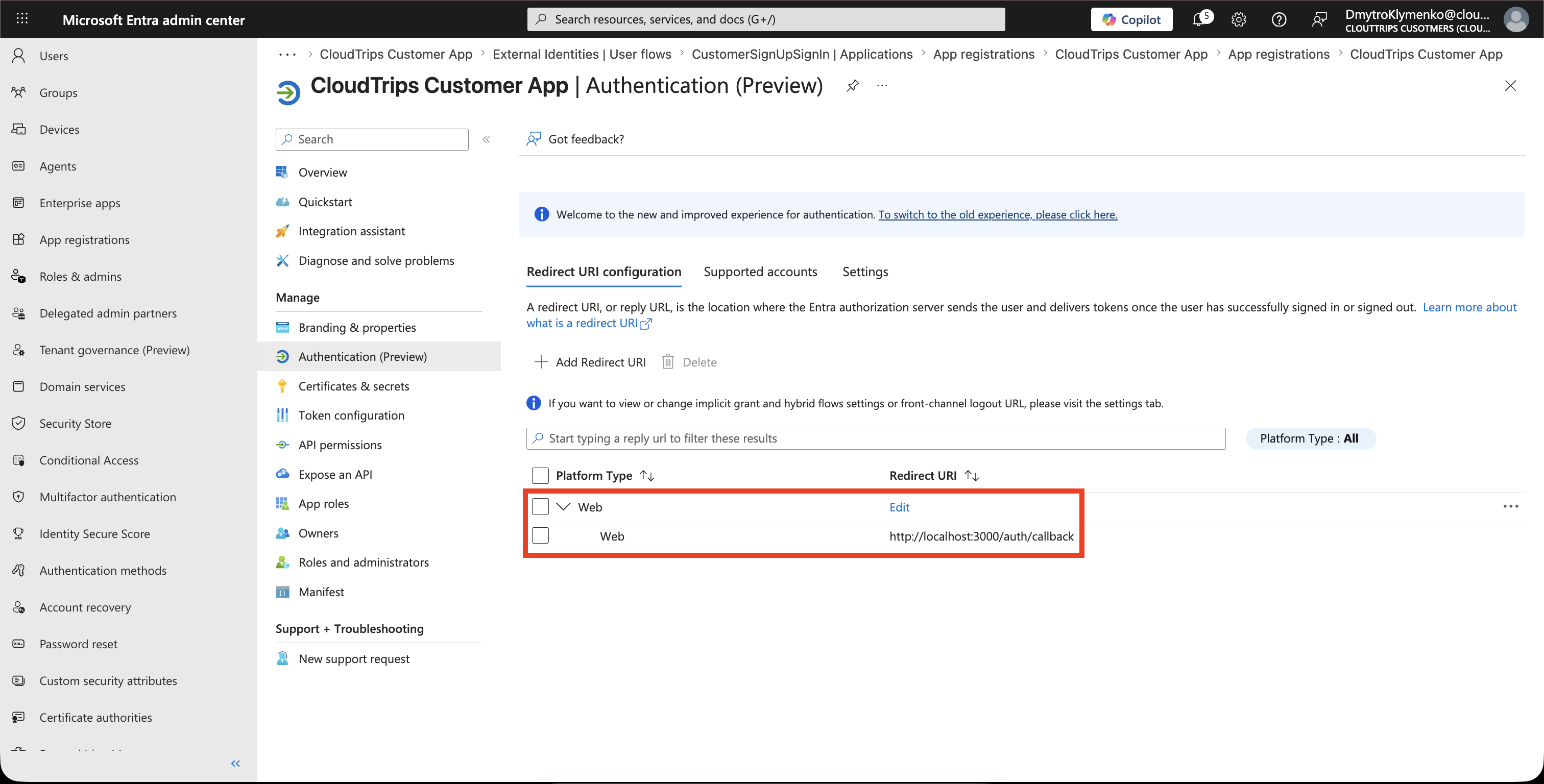 Application registration authentication page with redirect URI configured