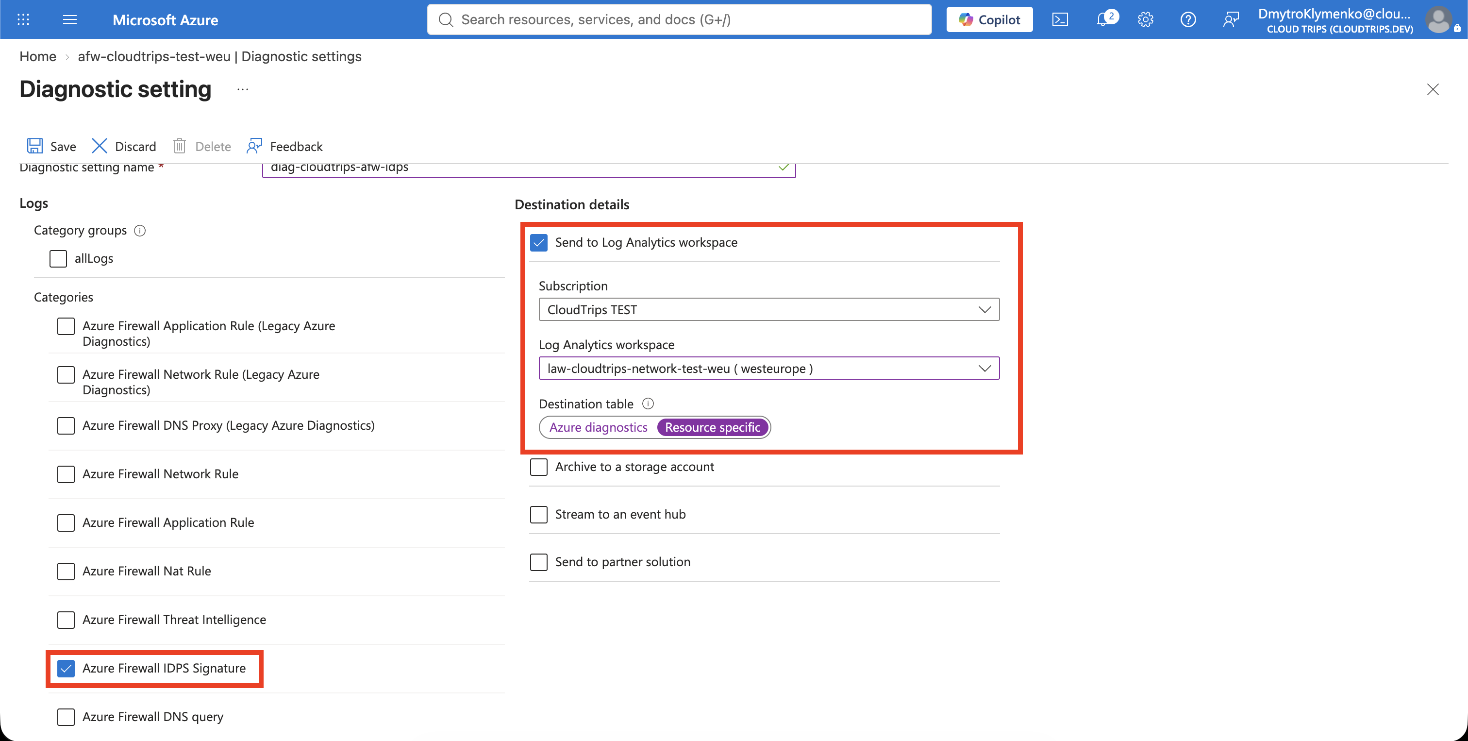 Azure Firewall diagnostic setting sending IDPS signature logs to the CloudTrips Log Analytics workspace