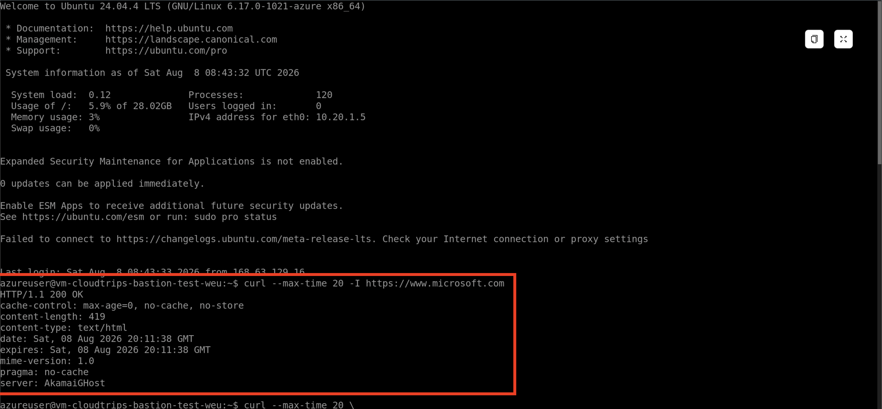 Bastion terminal showing the normal Microsoft HTTPS request succeeding through TLS inspection