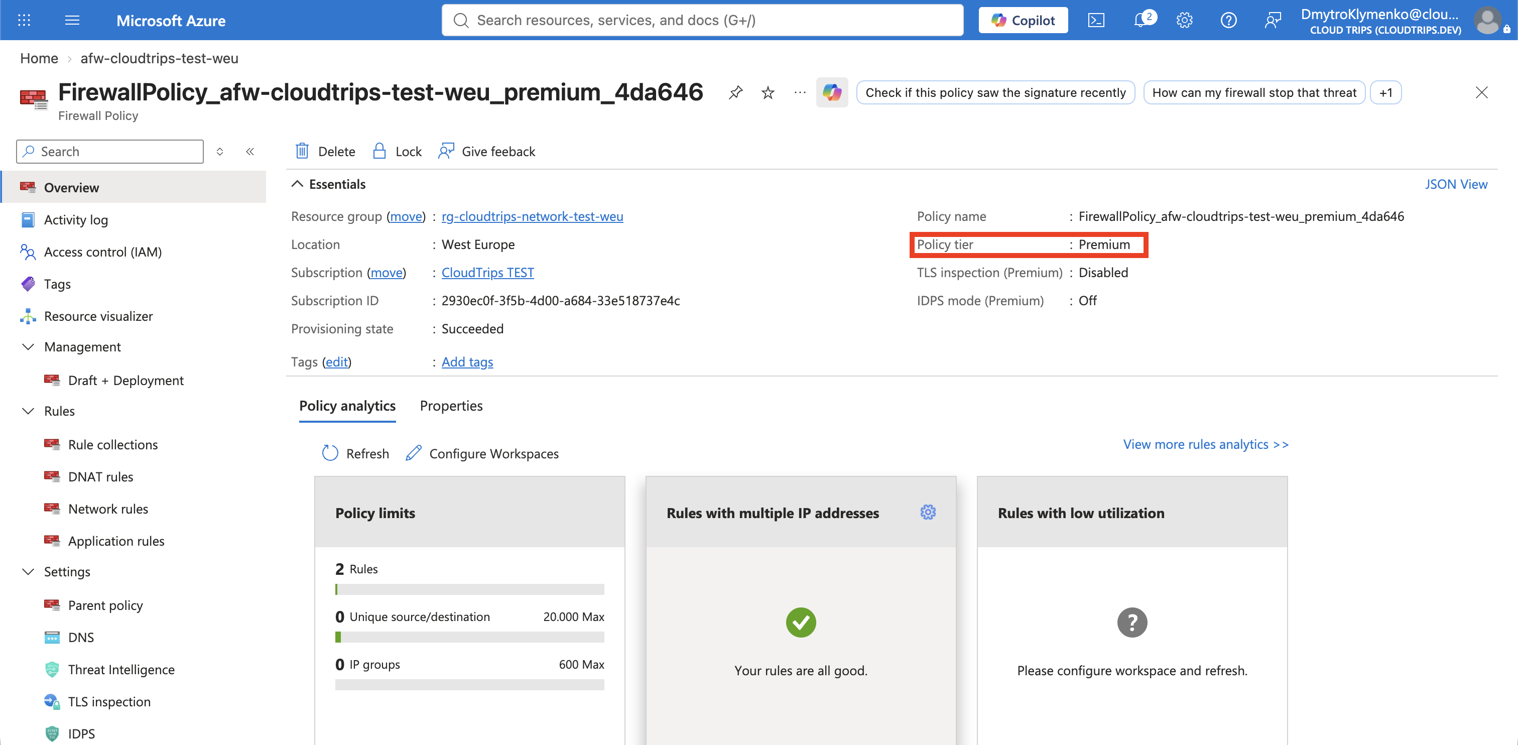Azure Firewall overview showing Premium SKU and its associated Premium Firewall Policy