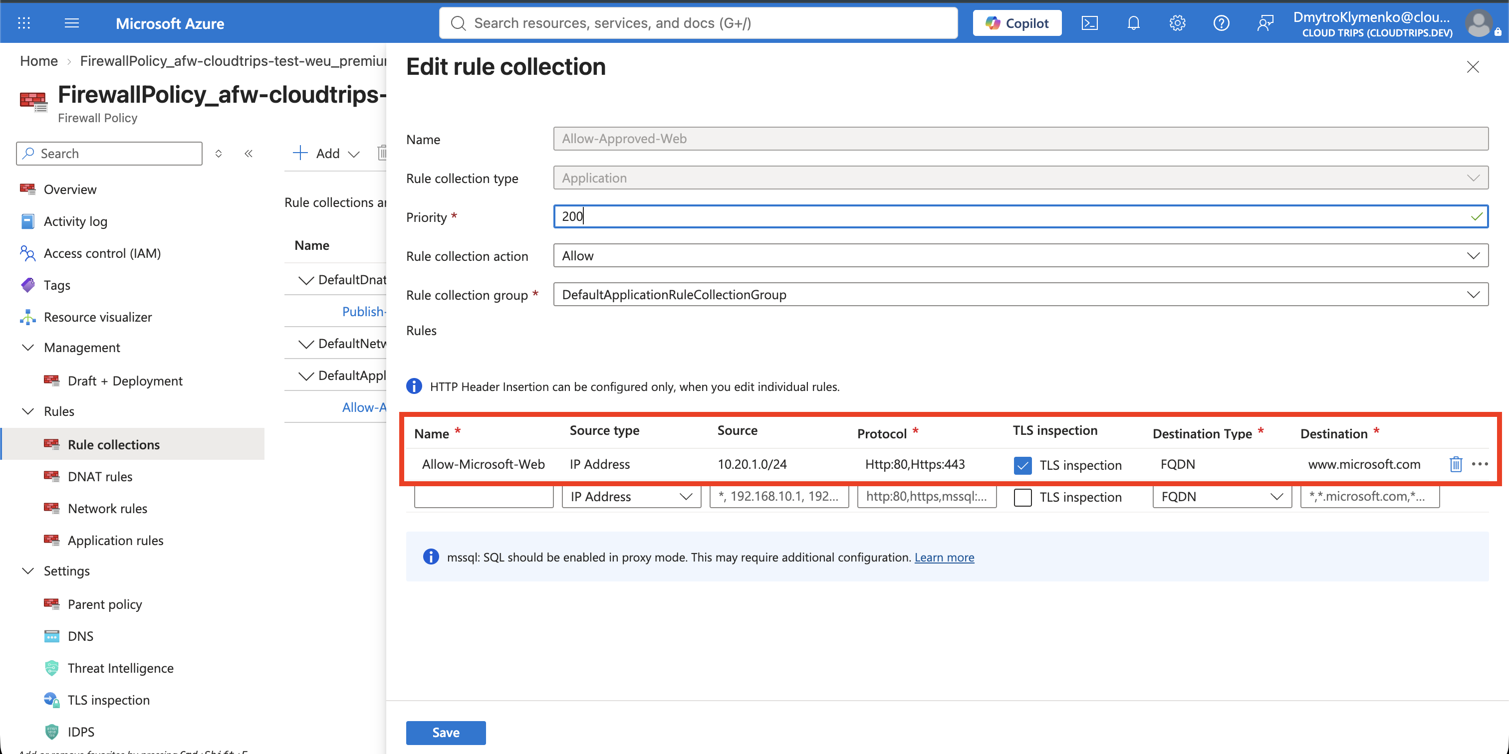 Allow-Microsoft-Web application rule with TLS inspection enabled in the Premium Firewall Policy