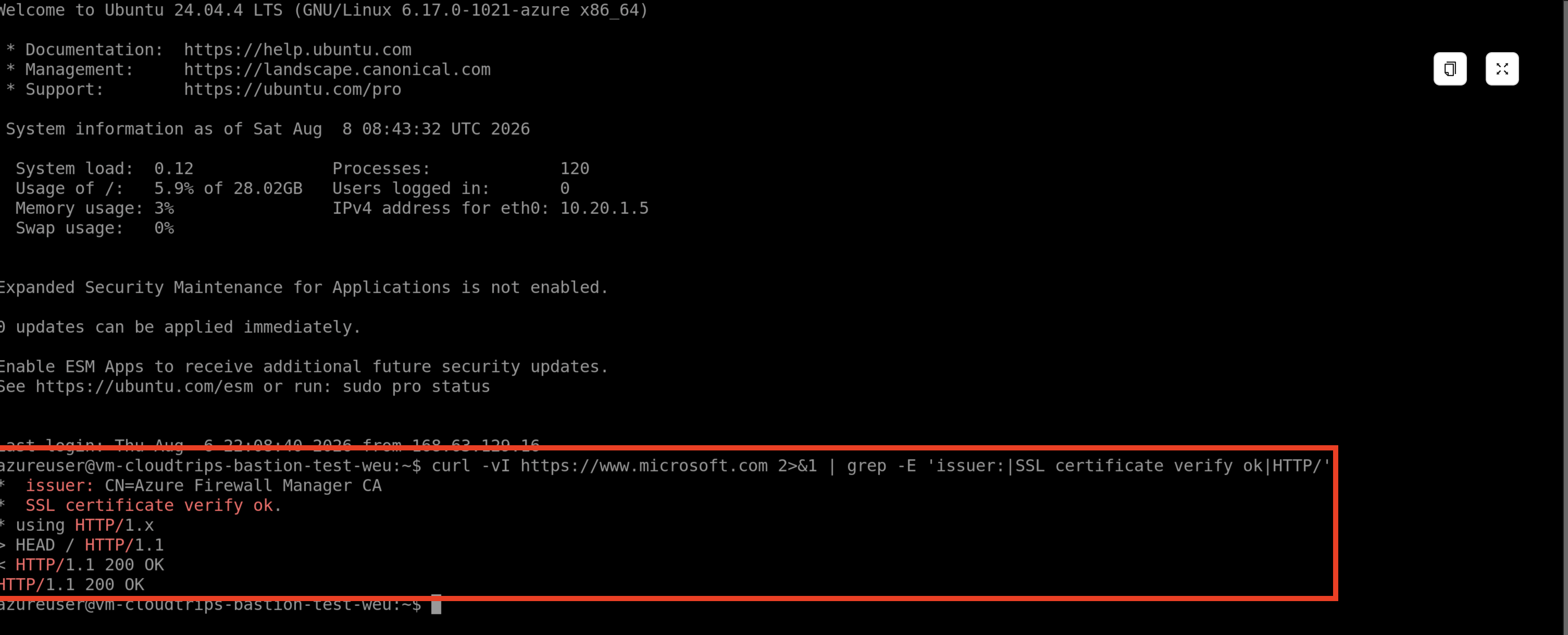 Bastion terminal showing a trusted HTTPS response whose certificate issuer is the generated firewall CA