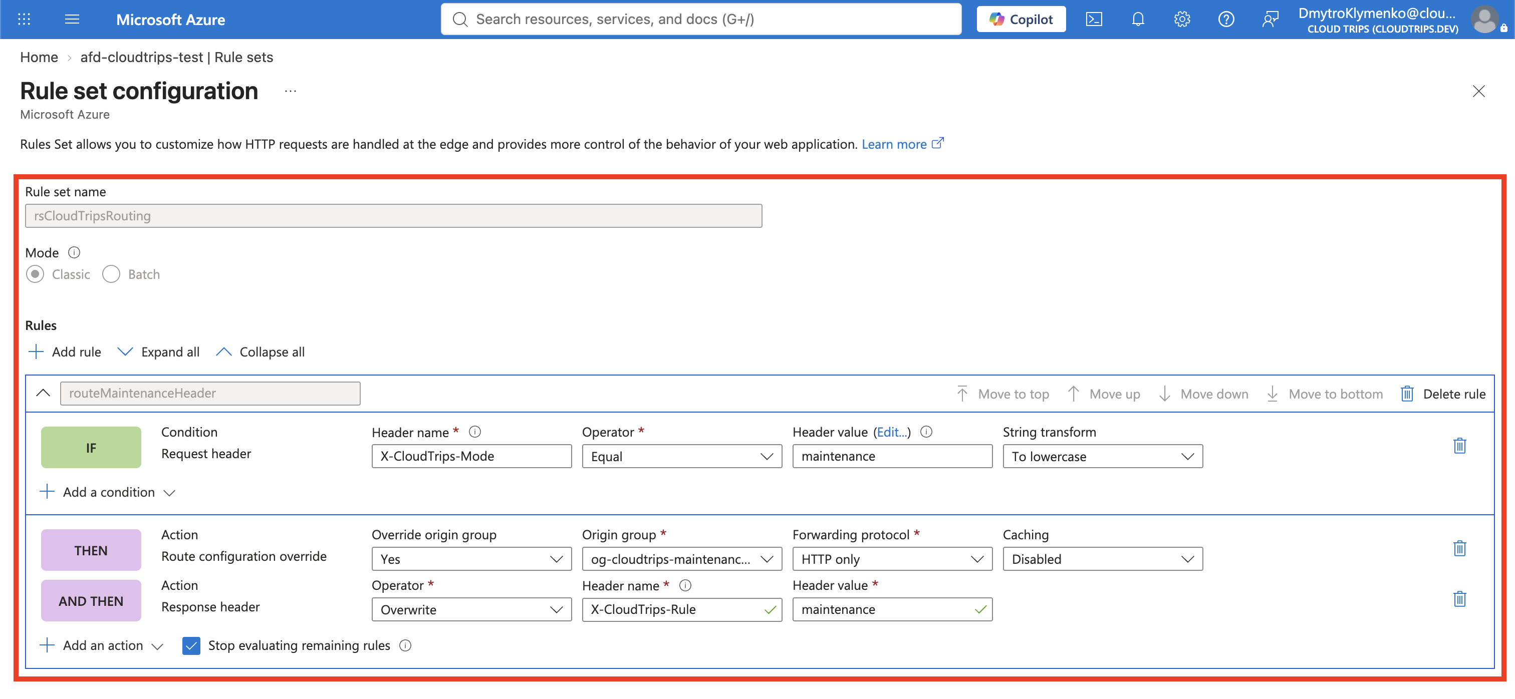 Azure-Front-Door-Regel mit der Maintenance-Bedingung für X-CloudTrips-Mode, dem Origin-Group Override und der Diagnose-Response-Header-Aktion
