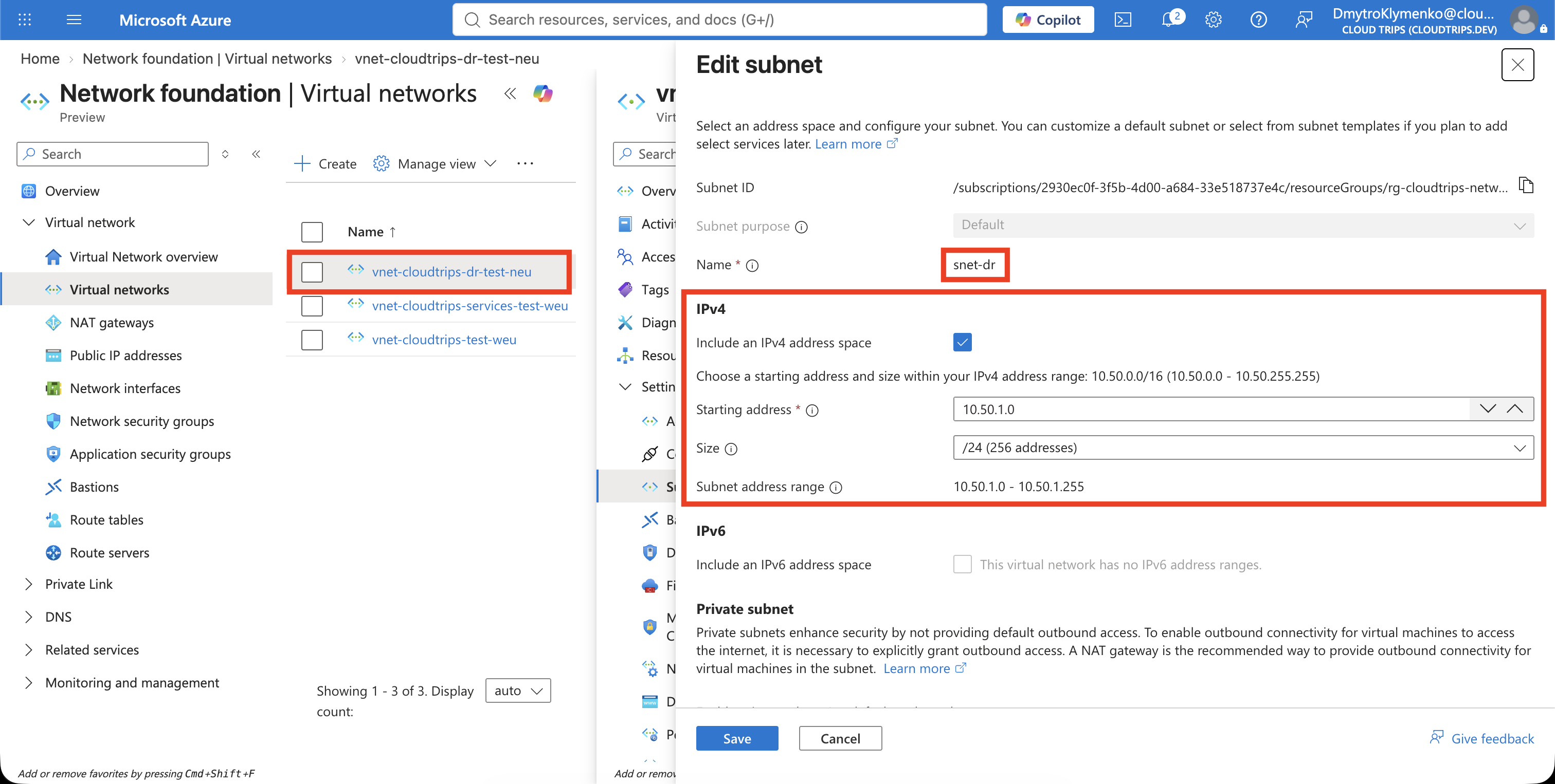 CloudTrips-DR-VNet und sein Subnetz snet-dr mit dem Adressbereich 10.50.1.0/24