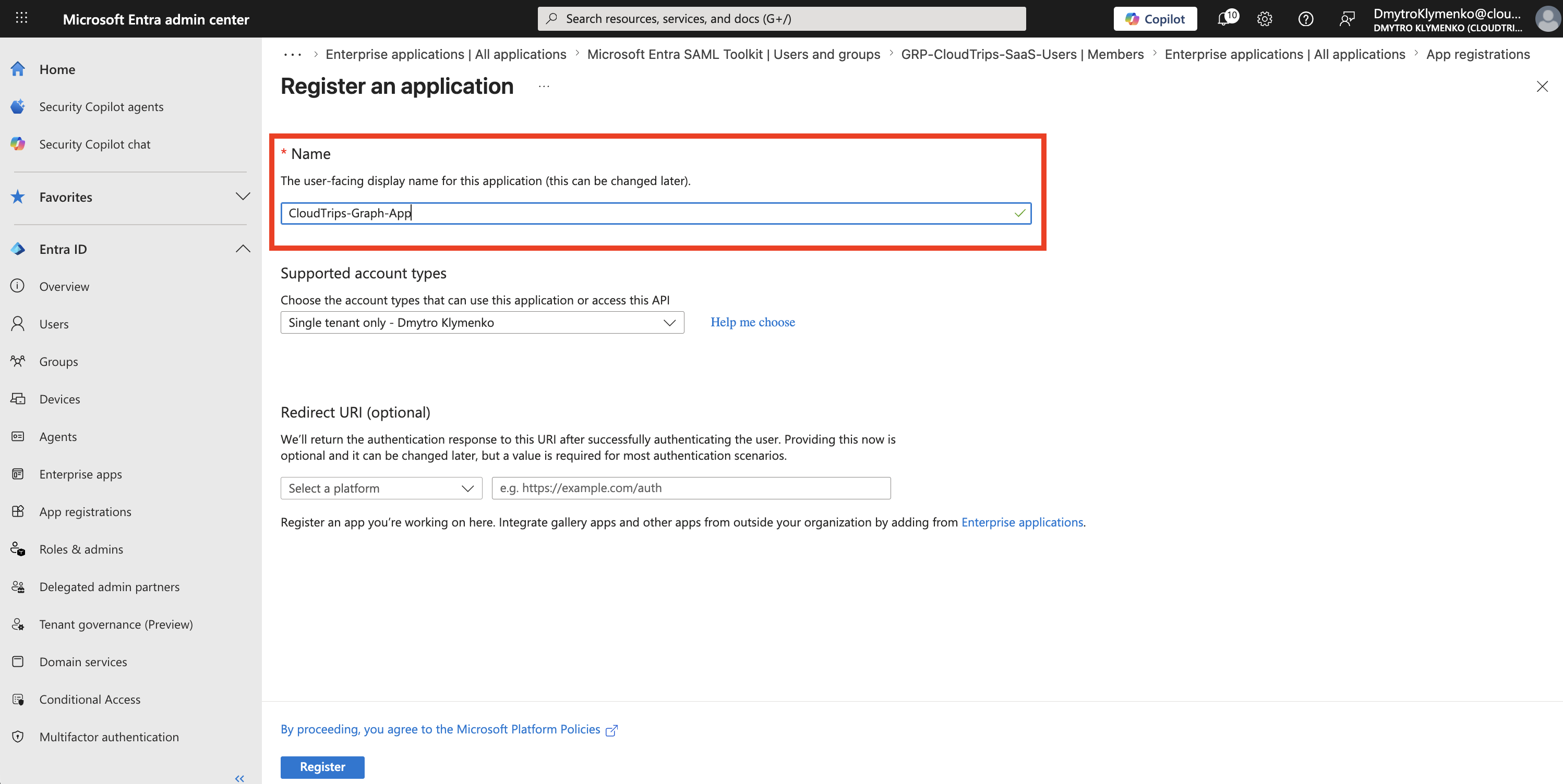 Microsoft Entra App registrations Seite mit CloudTrips Graph App