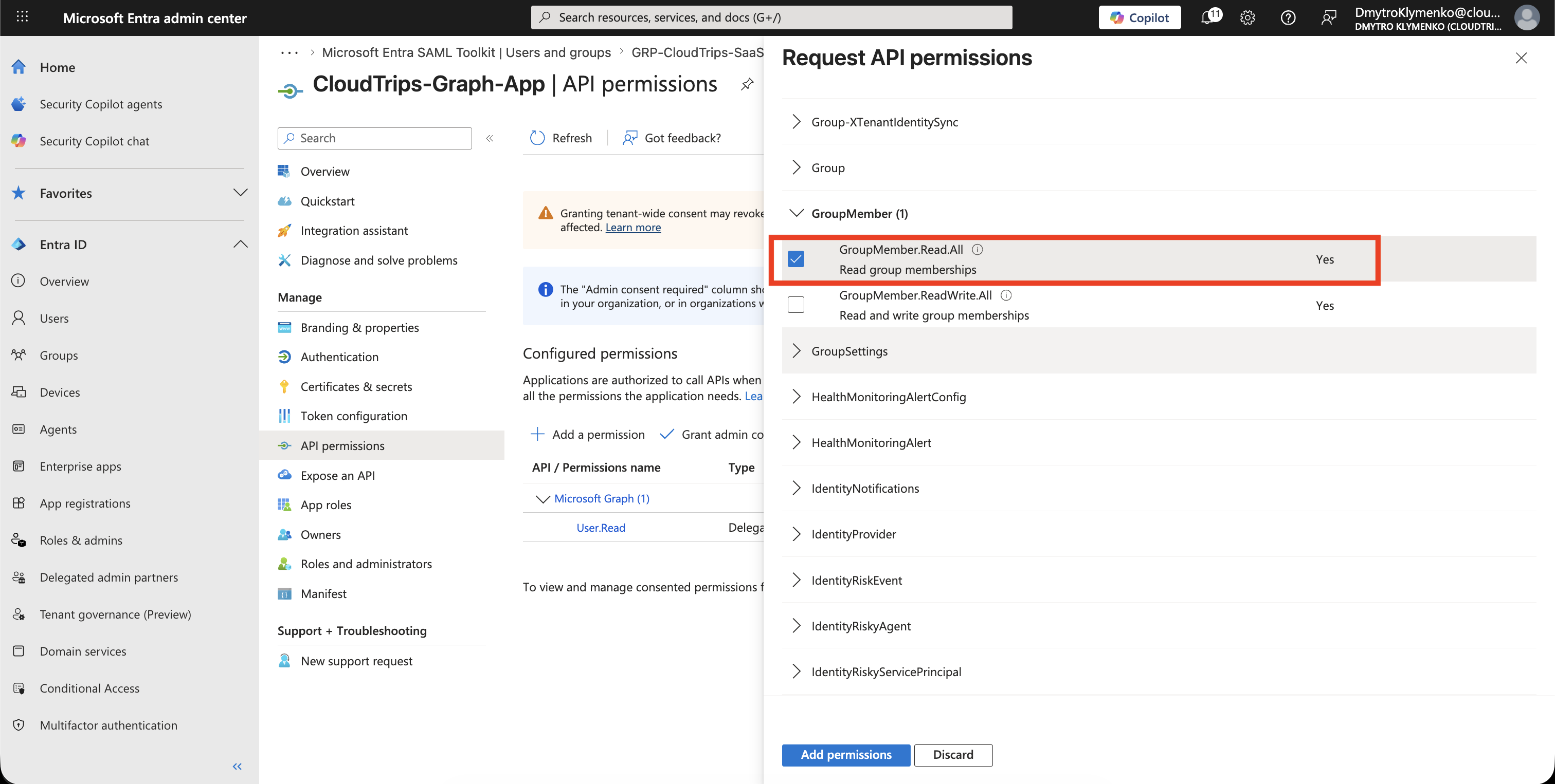 Microsoft Graph Delegated Permissions Suche mit ausgewaehltem GroupMember.Read.All