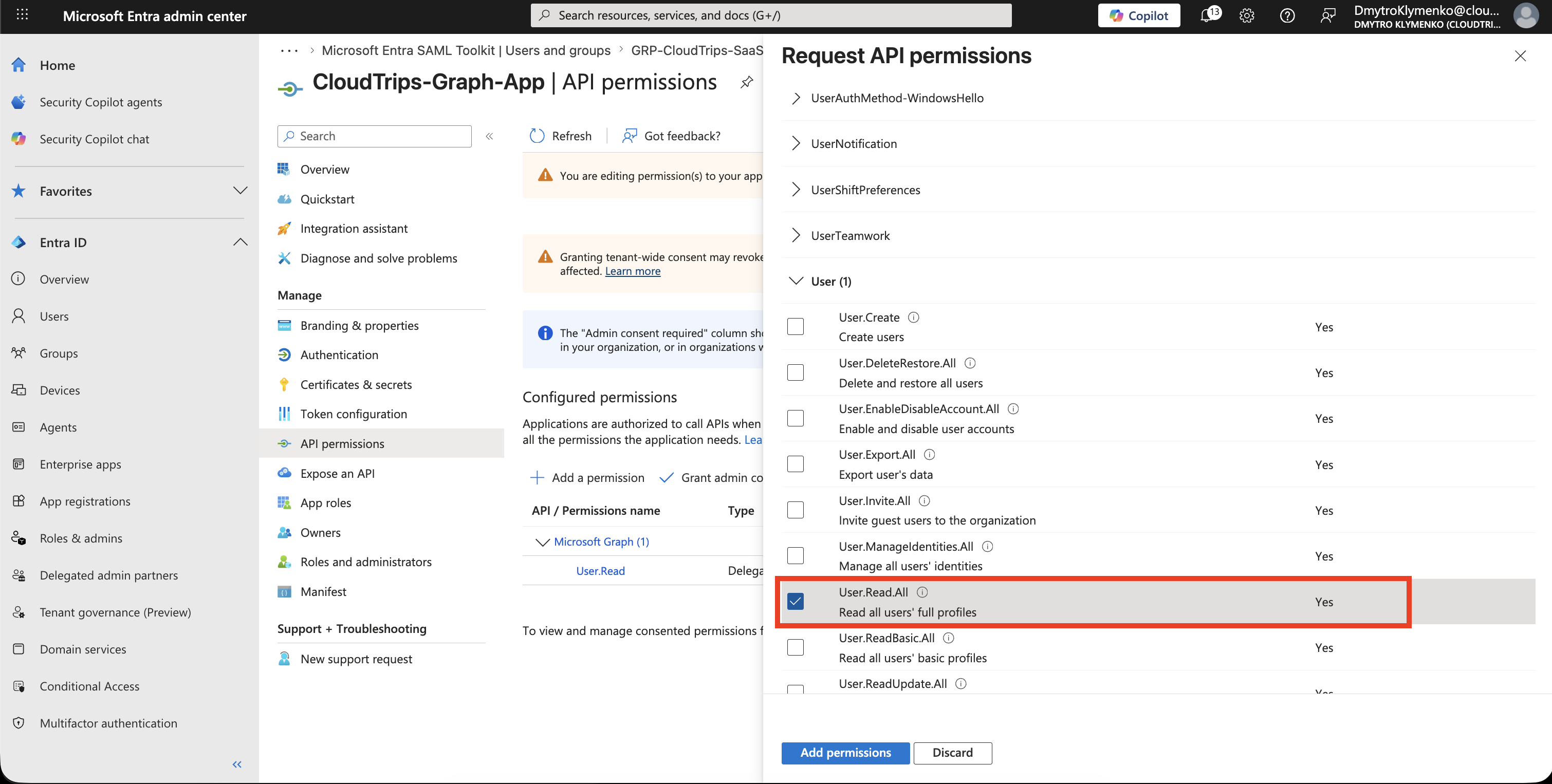 Microsoft Graph Application Permissions Suche mit ausgewaehltem User.Read.All