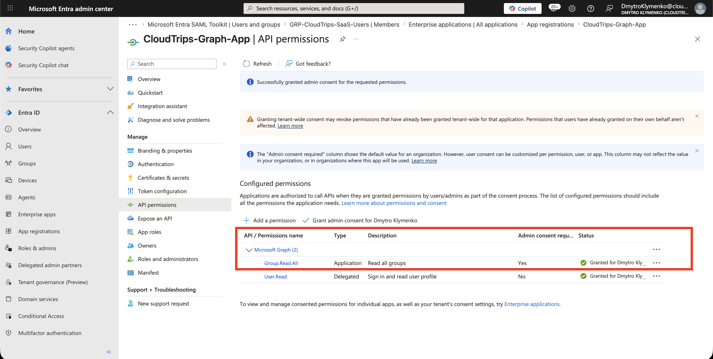 API permissions Seite mit Microsoft Graph Permissions und Grant admin consent