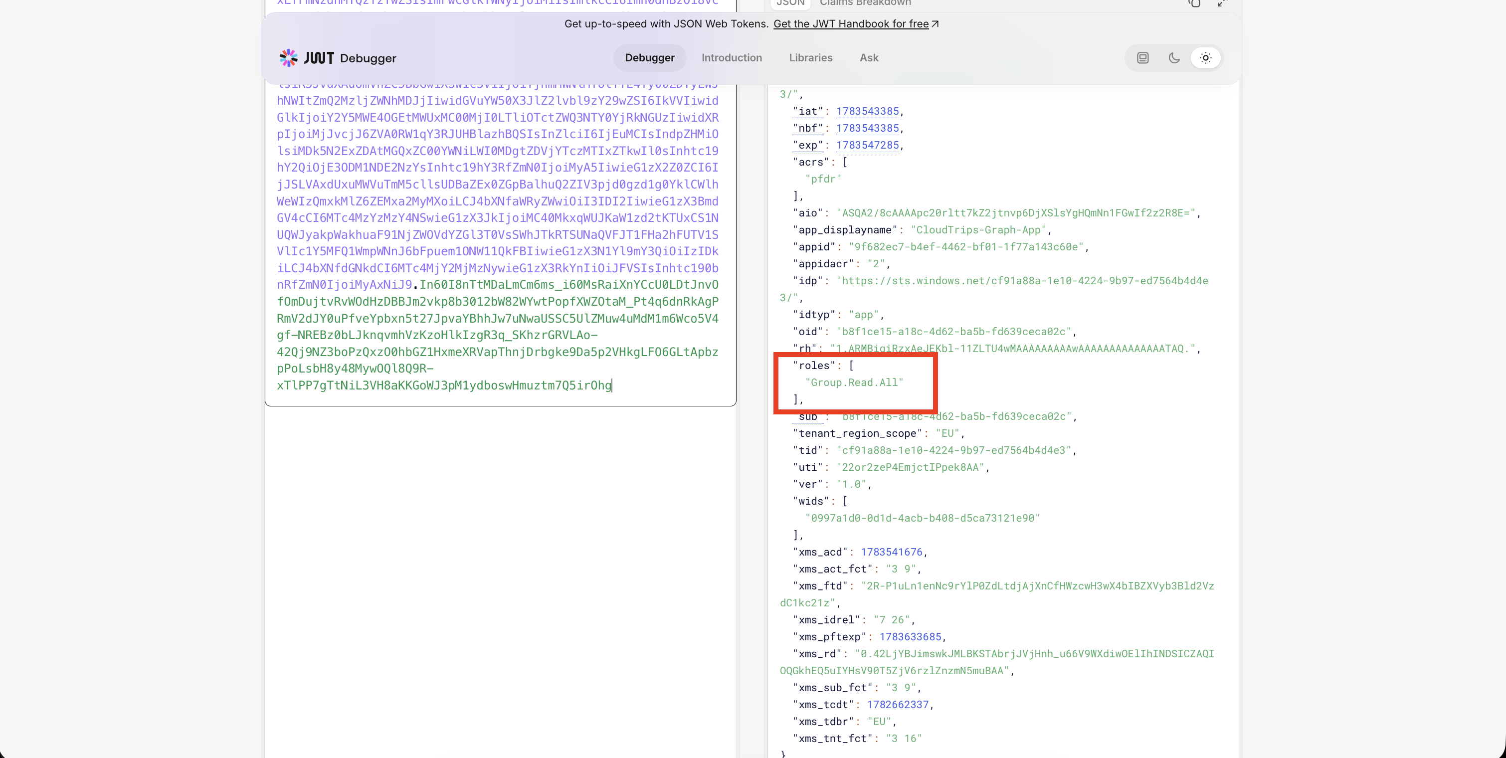 Dekodiertes Microsoft Graph Access Token mit aud und scp oder roles Claims