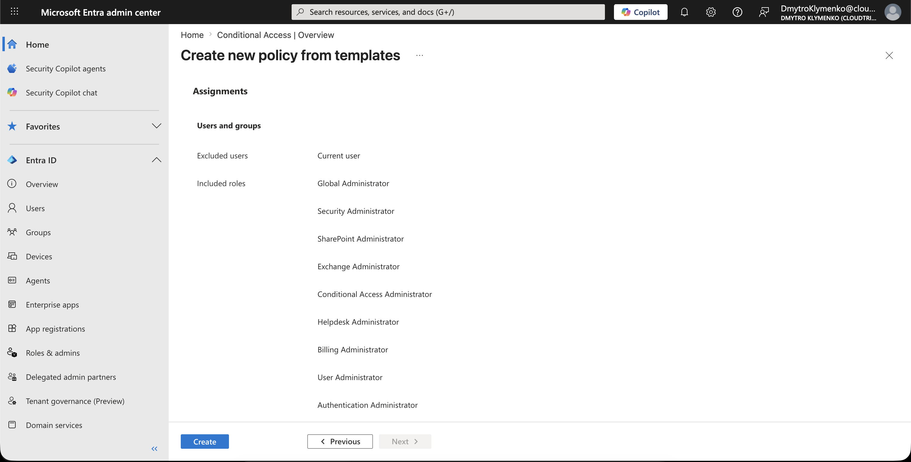 Conditional Access policy created from the admin MFA template showing users, target resources, and grant controls