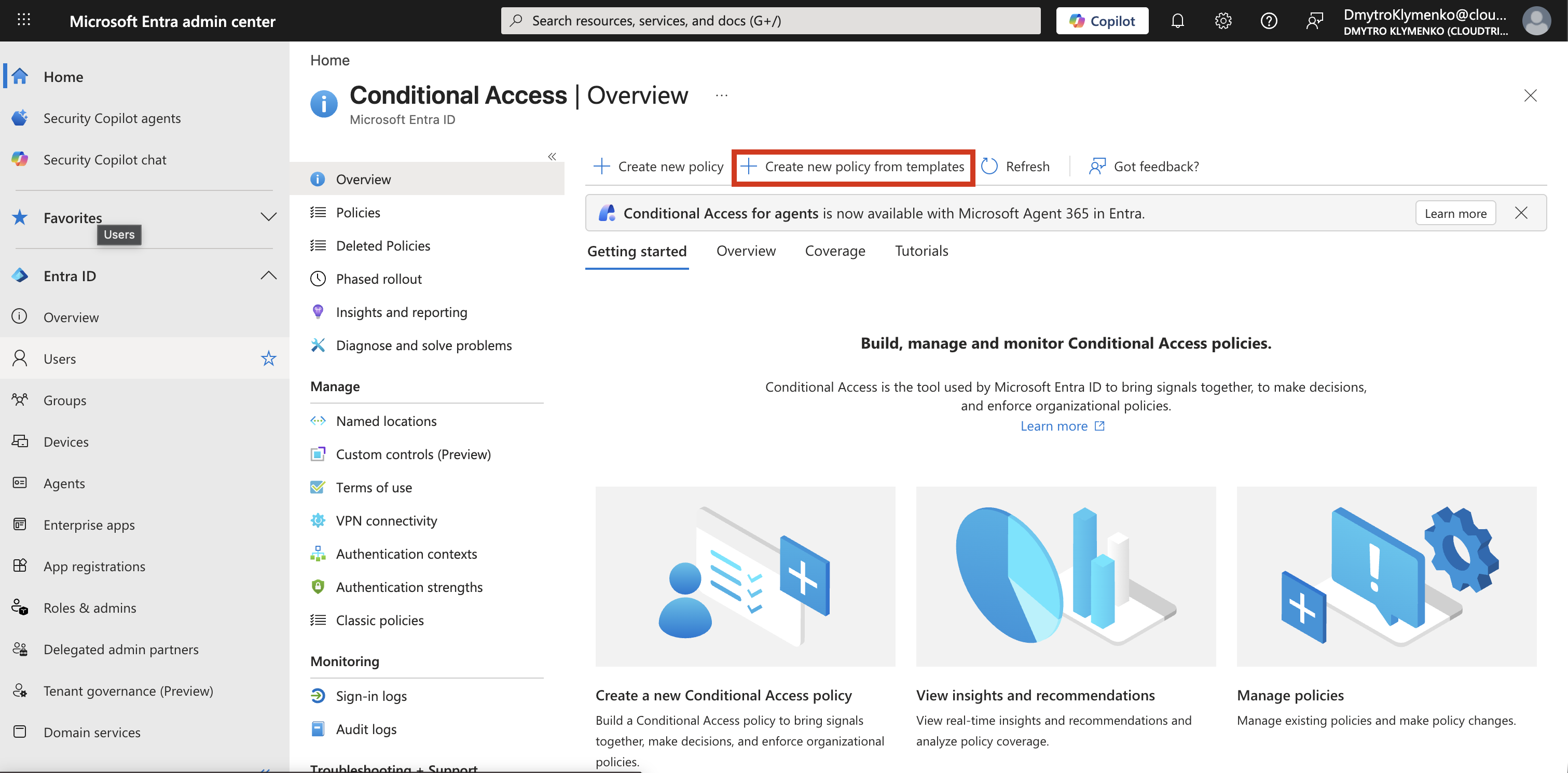 Conditional Access Policies page showing the New policy from template option