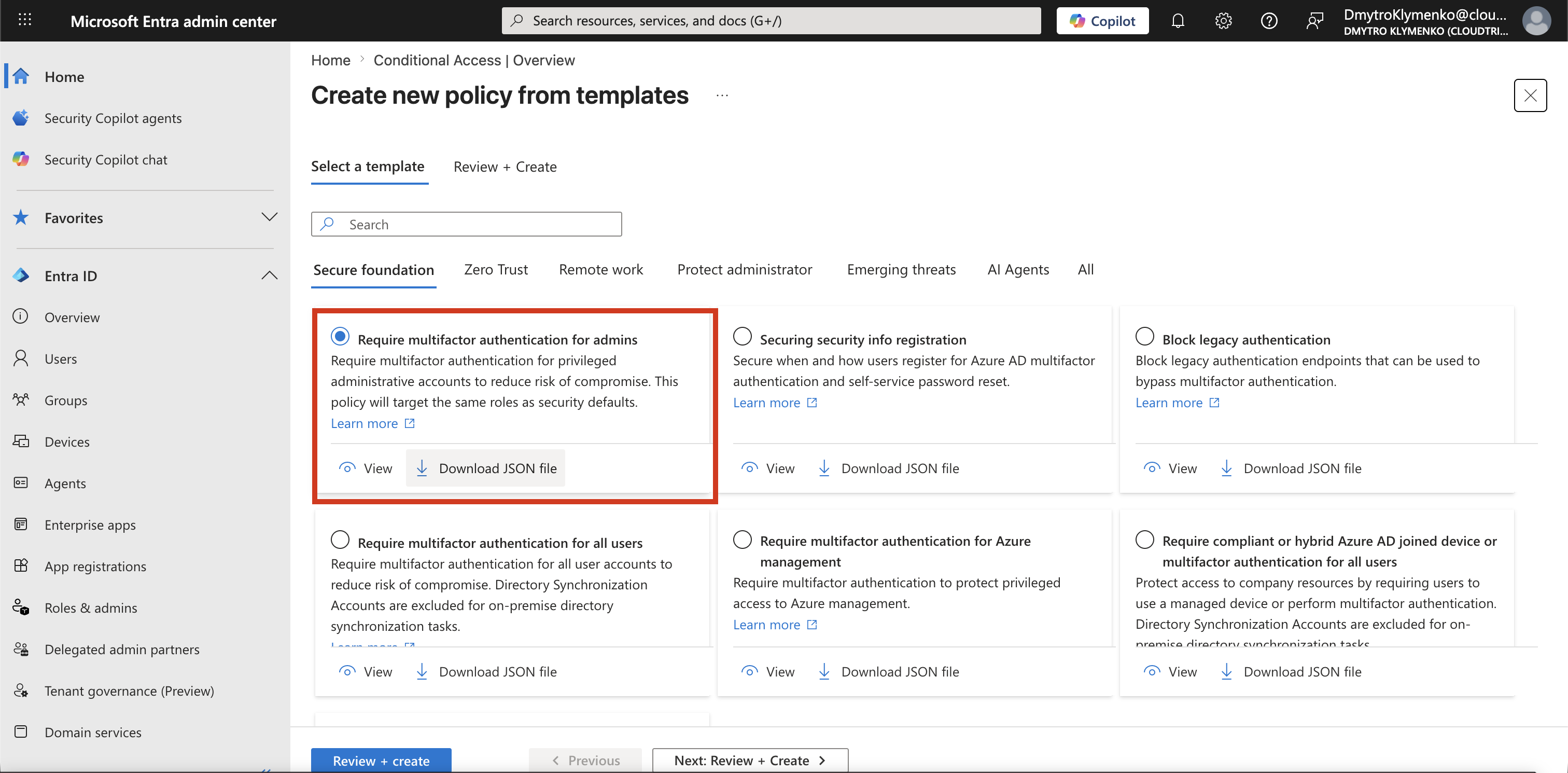 Conditional Access template selection page showing Require multifactor authentication for admins