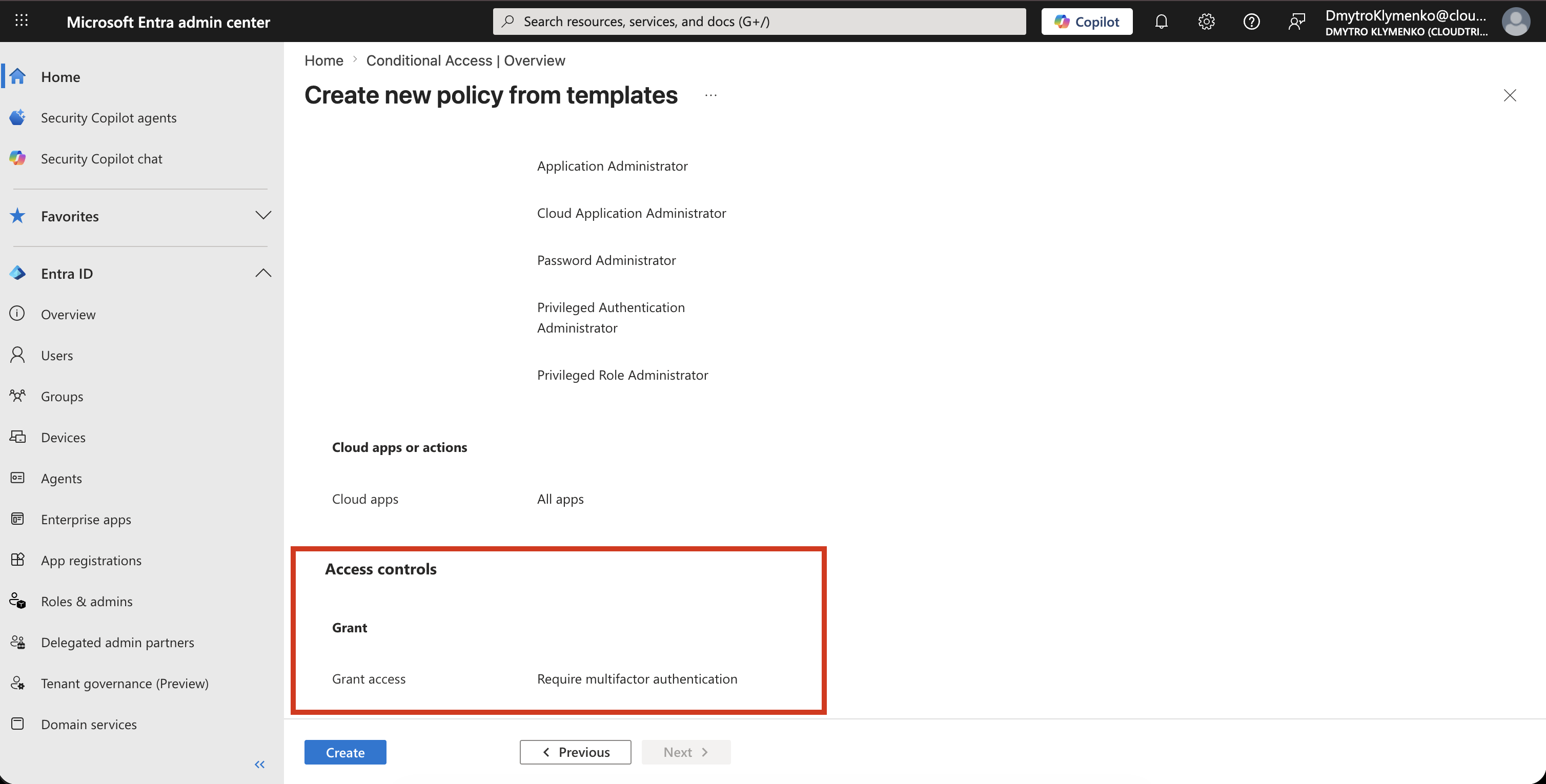 Conditional Access grant control requiring multifactor authentication