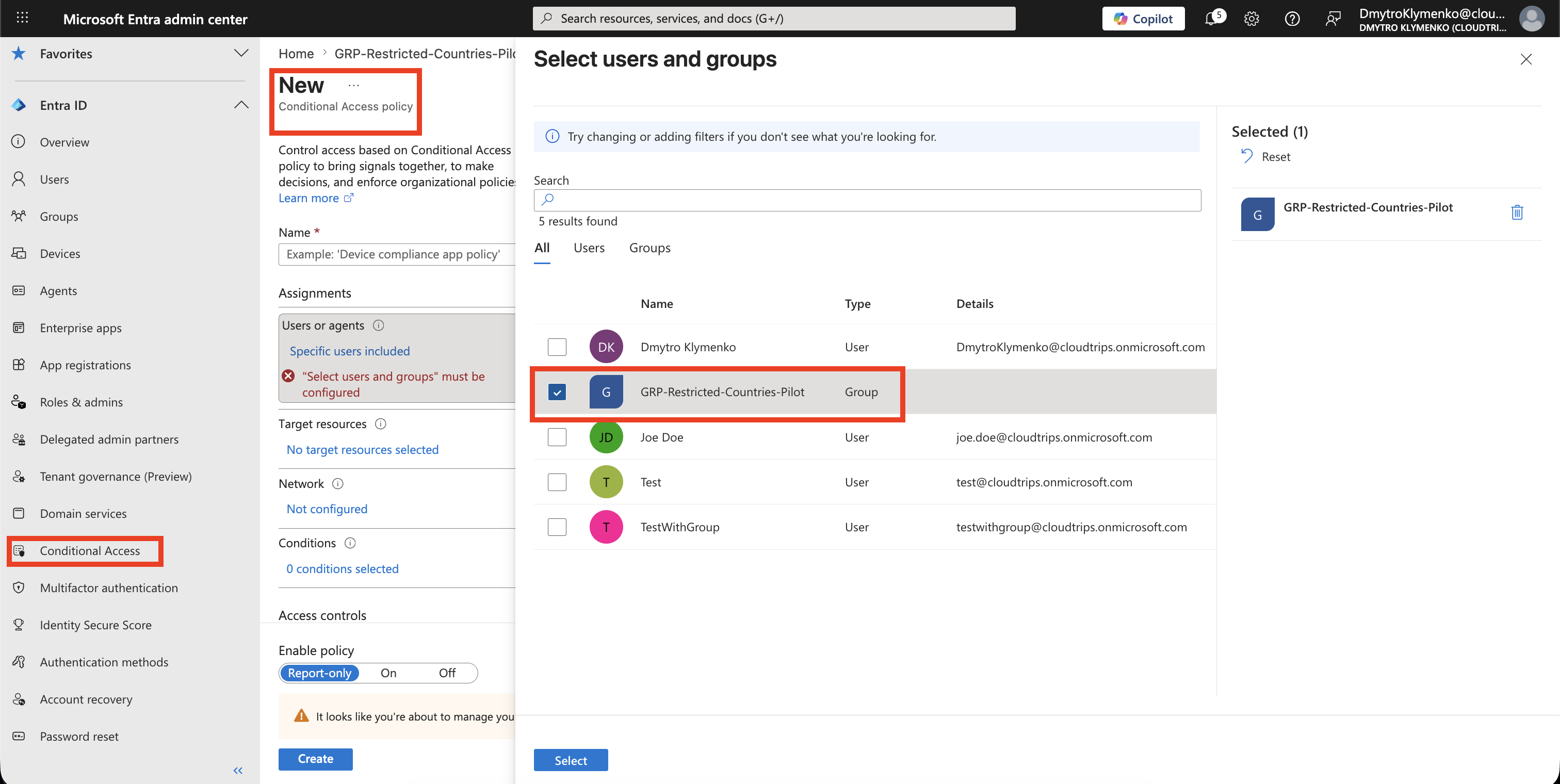 Conditional Access Policy Users Assignment fuer die Office-Countries-Policy