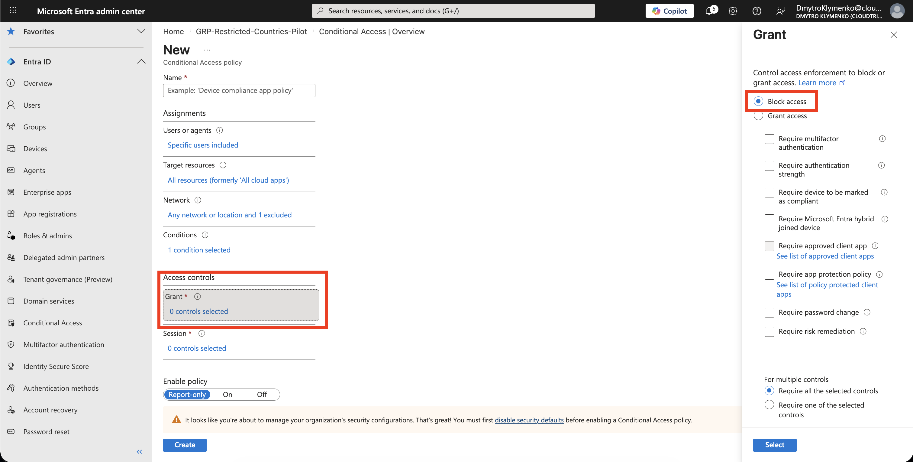 Conditional Access Grant Control mit ausgewaehltem Block access