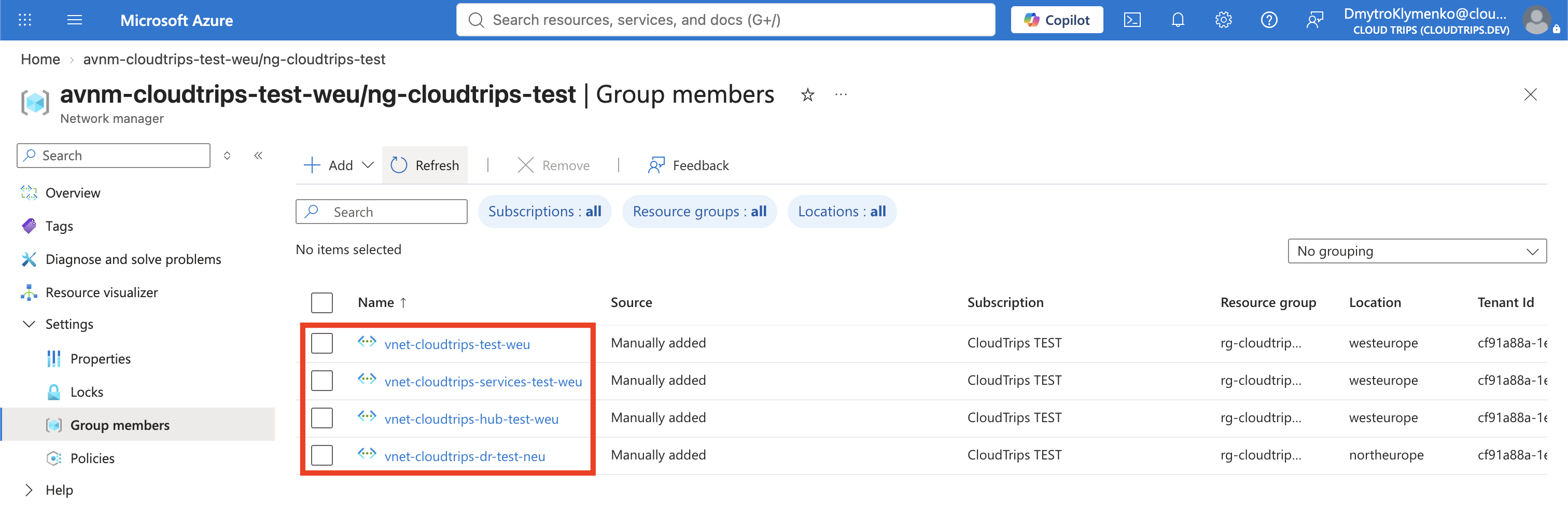 CloudTrips Network Group mit statischen VNet-Mitgliedern in West und North Europe