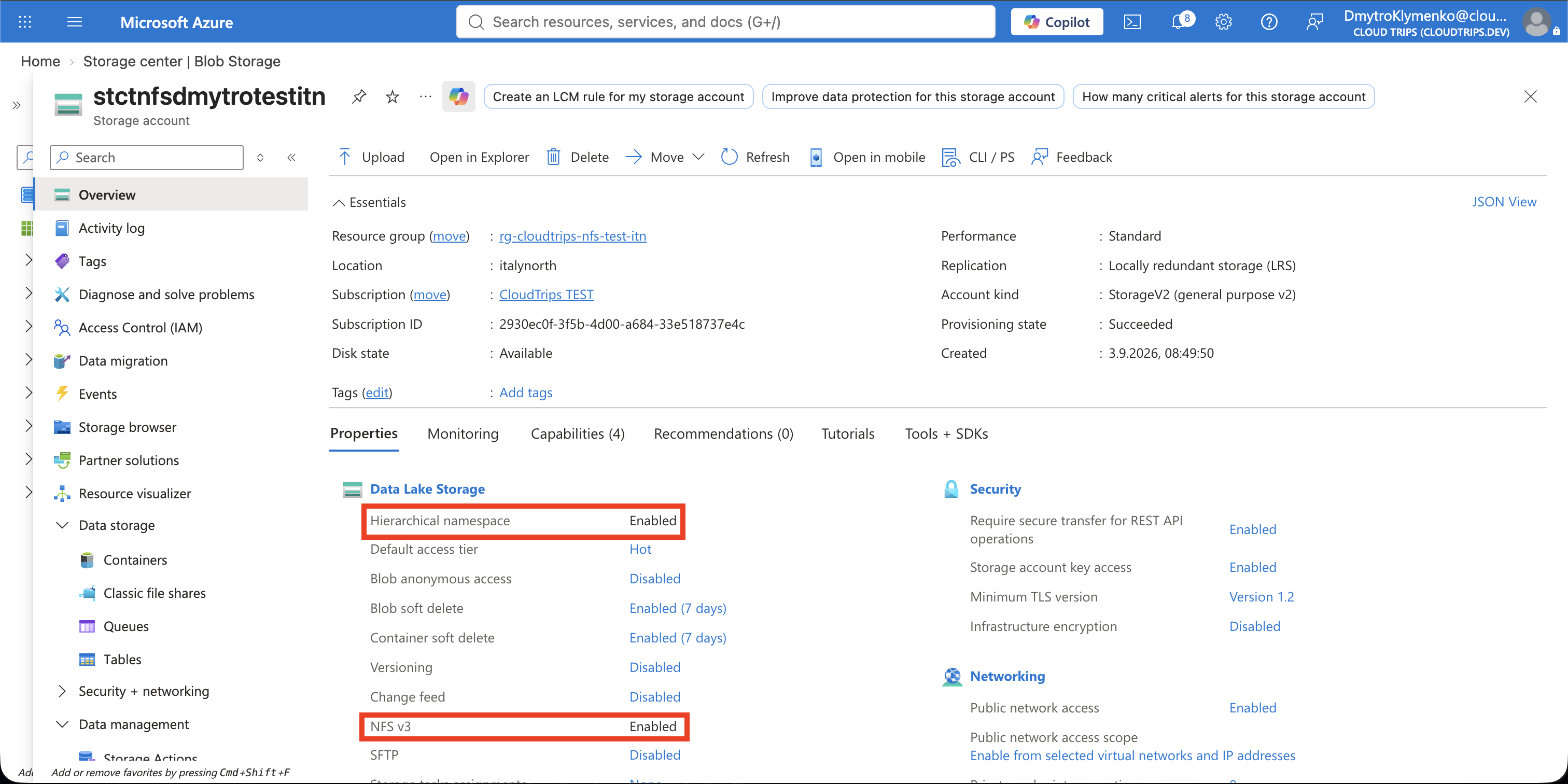 Storage account overview showing hierarchical namespace and NFS v3 enabled
