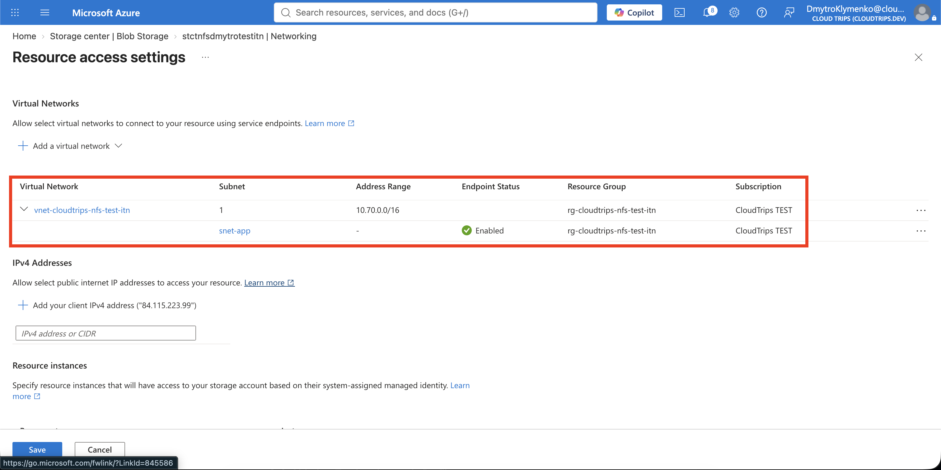 Storage account networking page showing access restricted to vnet-cloudtrips-nfs-test-itn and snet-app