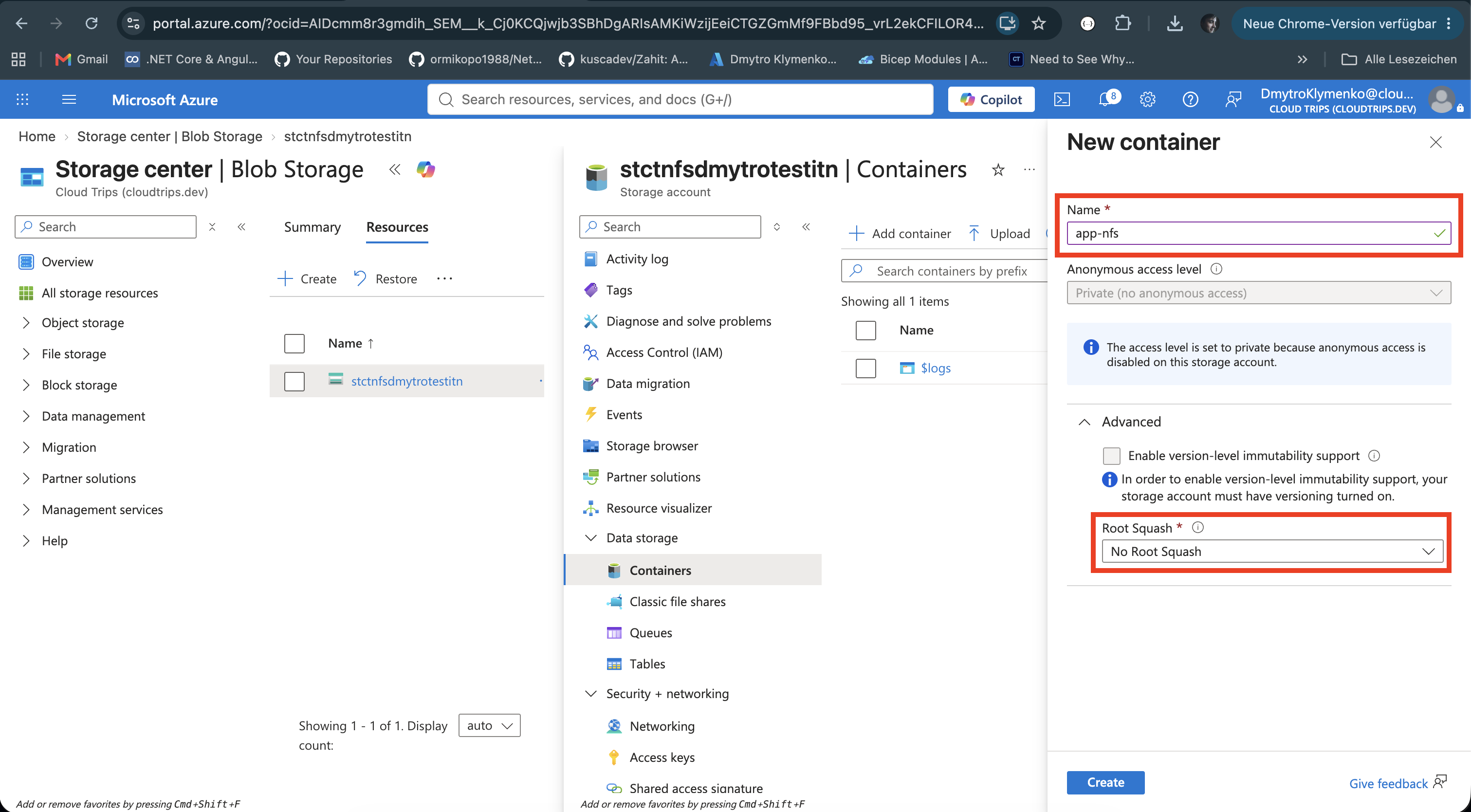 Private app-nfs container created in the NFS-enabled storage account