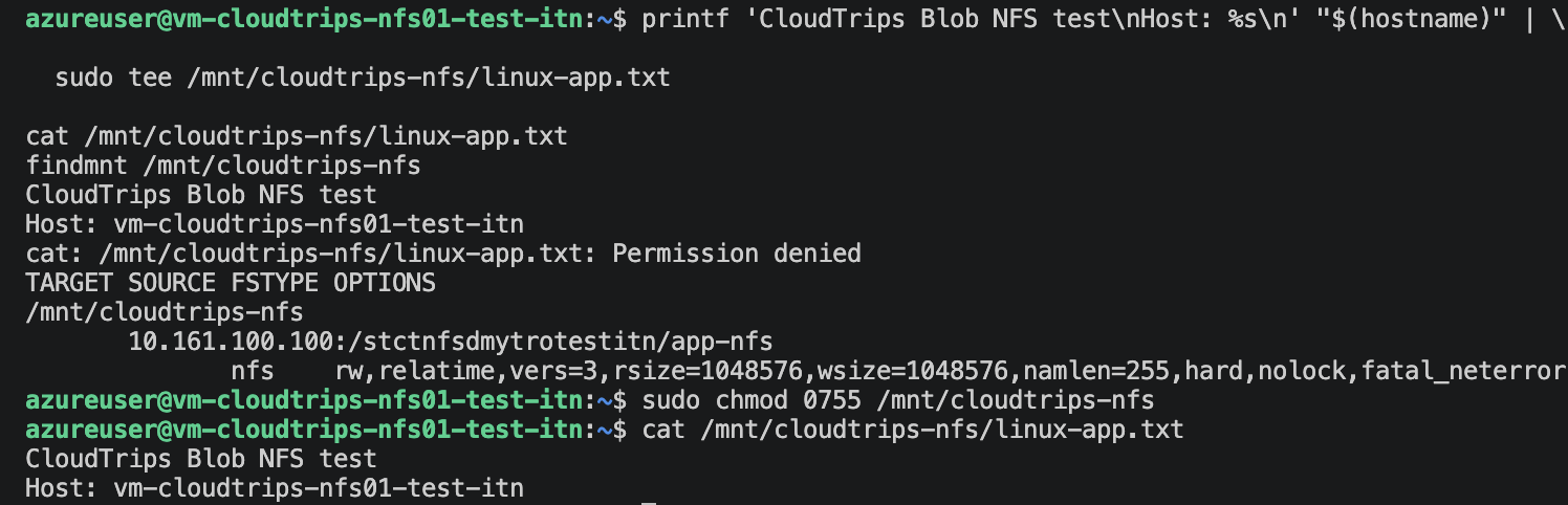 Linux terminal showing the mounted Blob NFS container and successful file write