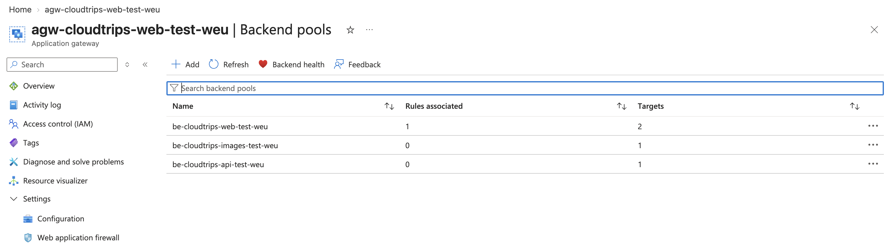 Application Gateway Backend pools-Seite mit dem Standard-Web-, Image- und API-Pool