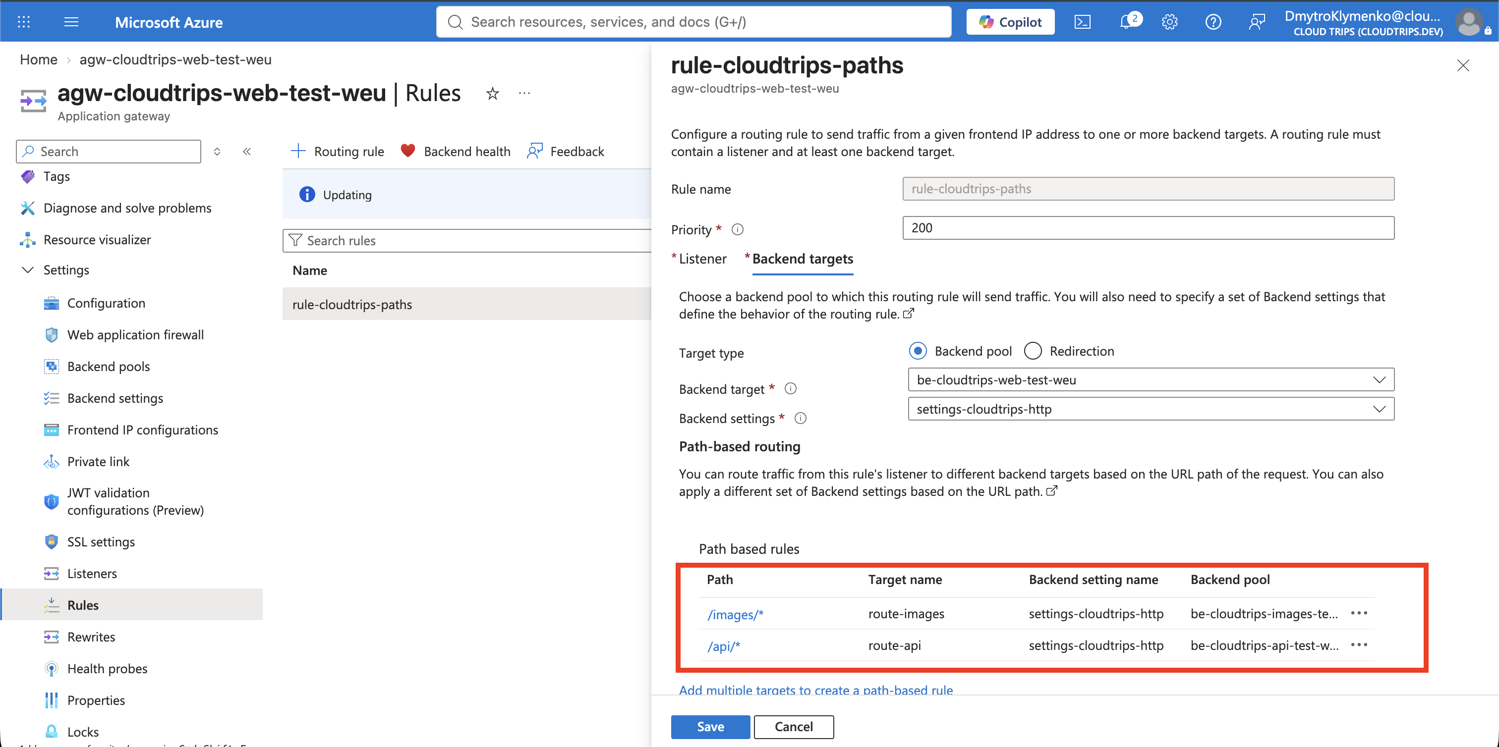 Application-Gateway-Regel mit Image- und API-Pfadmustern für unterschiedliche Backend Pools