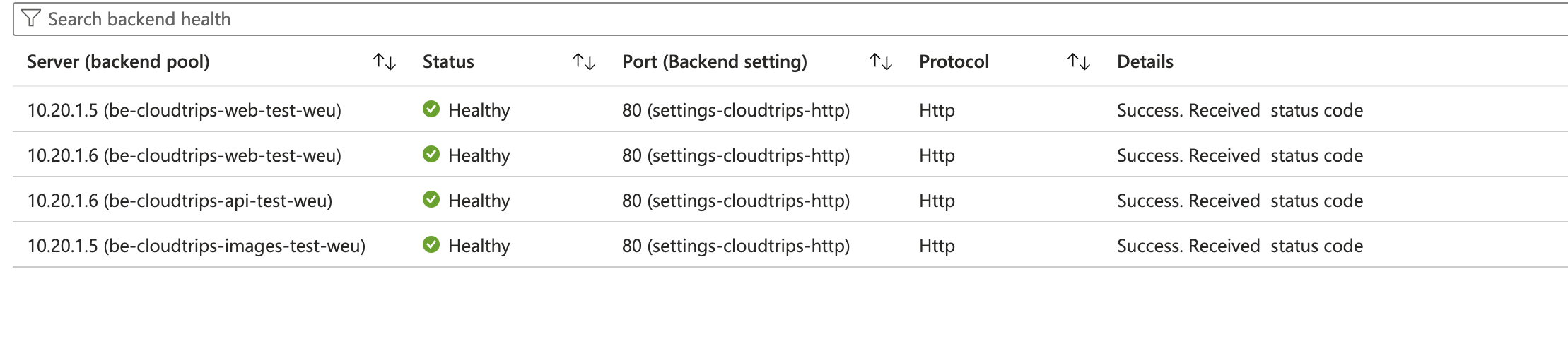 Lokales Terminal mit Standard-URL sowie Image- und API-Pfaden, die ihre vorgesehenen CloudTrips Backend Pools erreichen