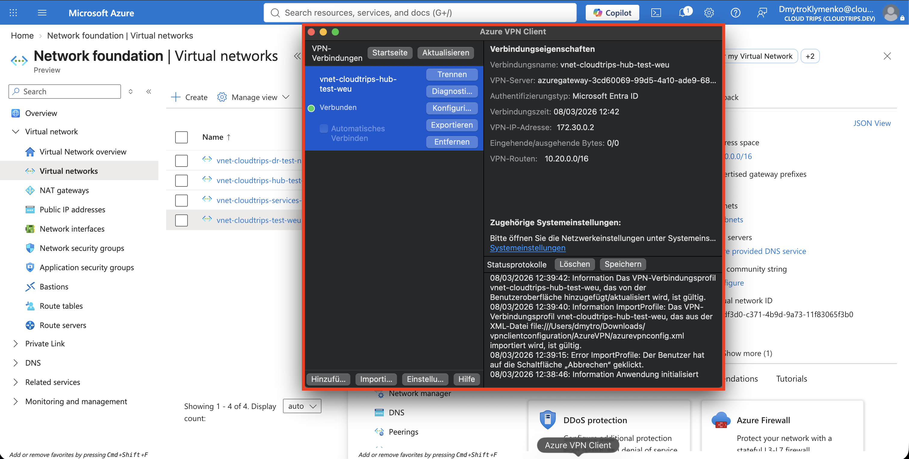 Azure VPN Client mit dem importierten CloudTrips-Profil im Status Connected