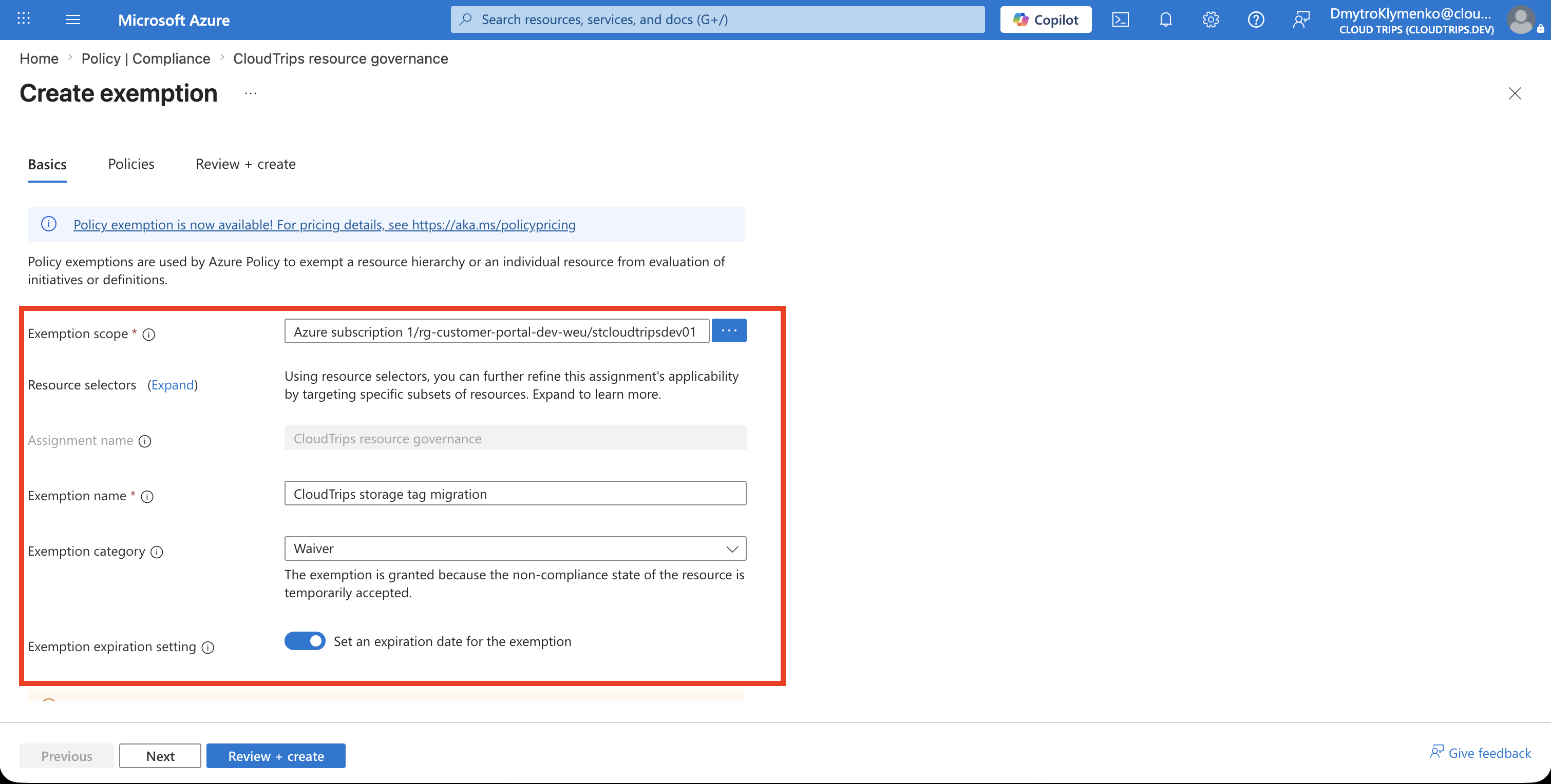 Policy exemption Basics configured with resource scope, Waiver category, and expiration