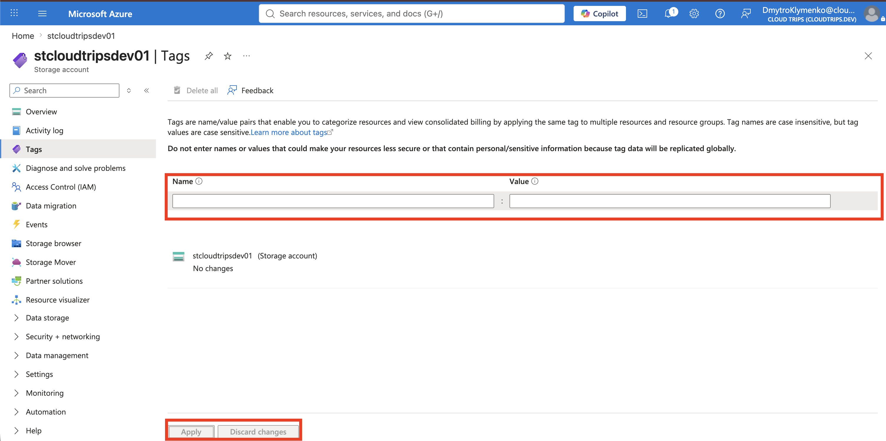 Storage account saved without the Department tag while the policy exemption is active
