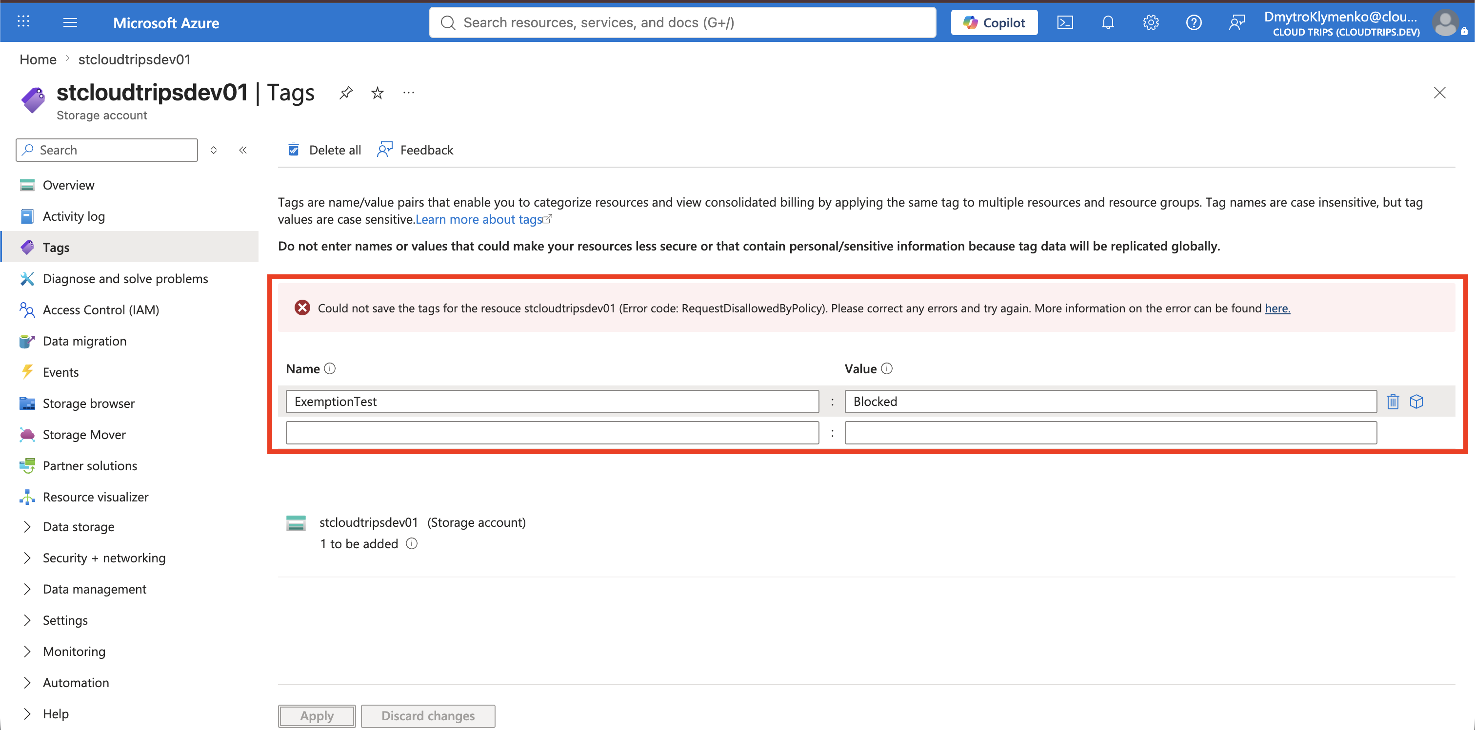 Storage account tag update denied because the required Department tag is missing