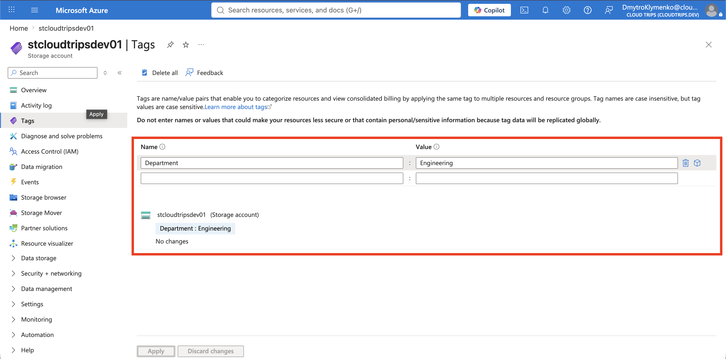 Storage account saved successfully with the required Department tag after the exemption was removed