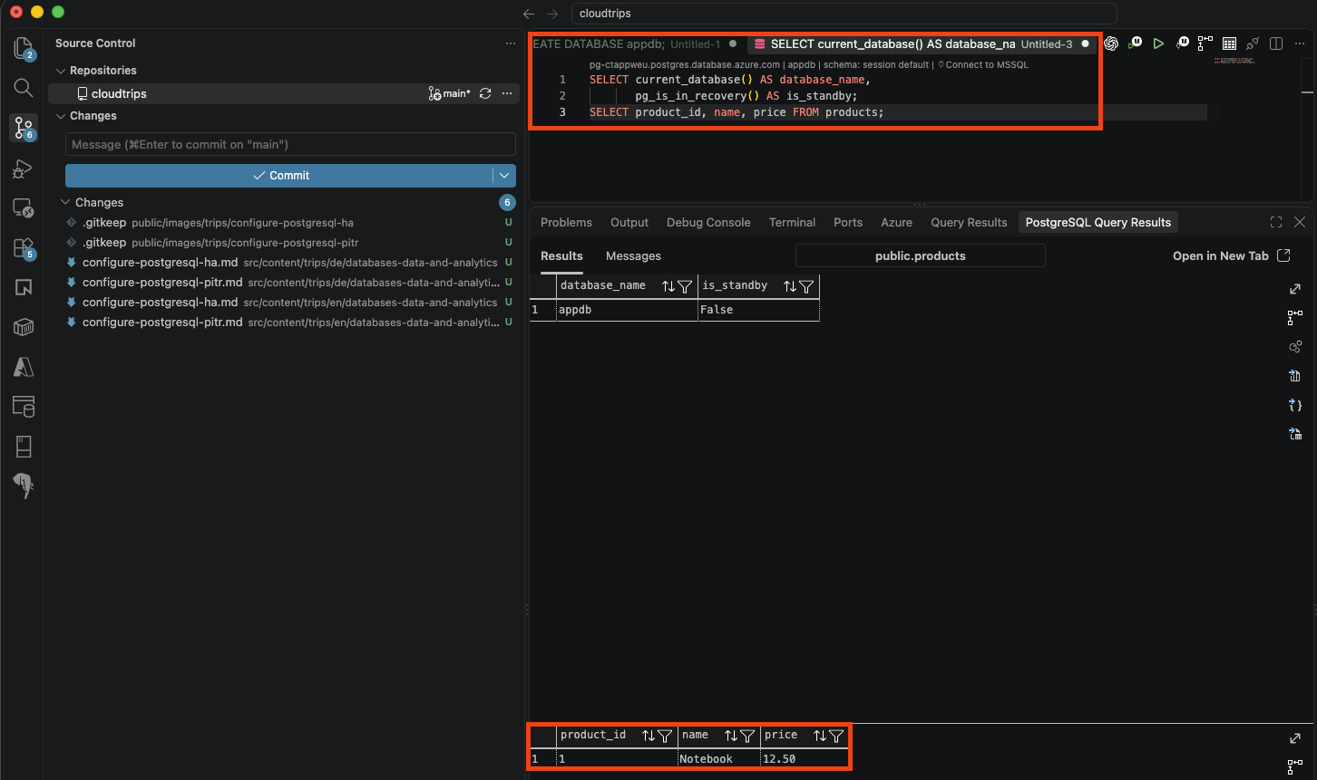 Post-failover query showing appdb, is_standby false, and the existing Notebook product