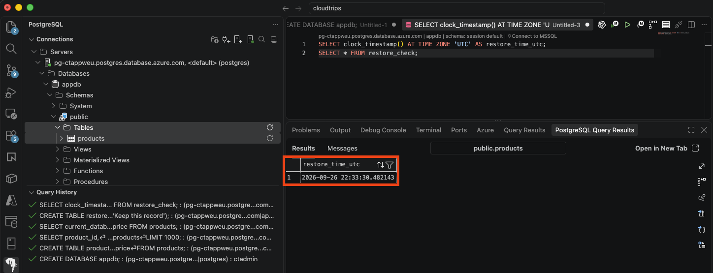 Query results showing the saved UTC recovery timestamp and the row Keep this record