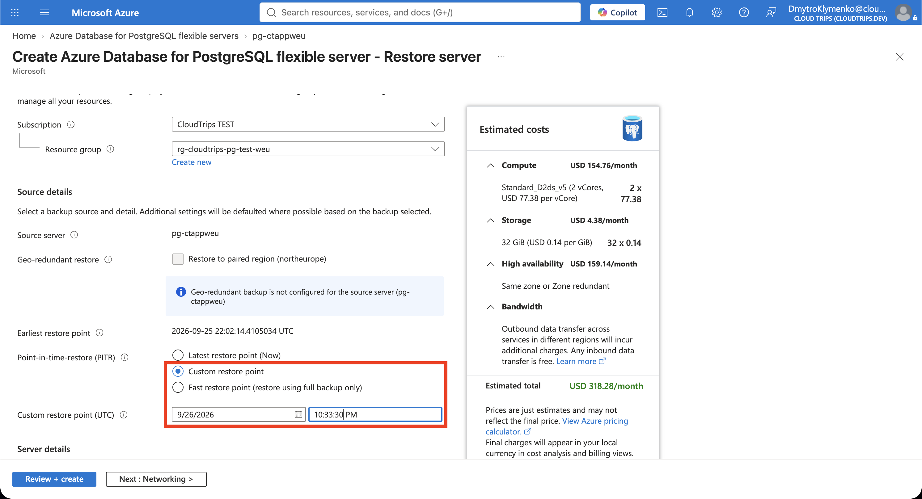 PostgreSQL restore form showing pg-ctrestoreweu and the custom UTC point before deletion