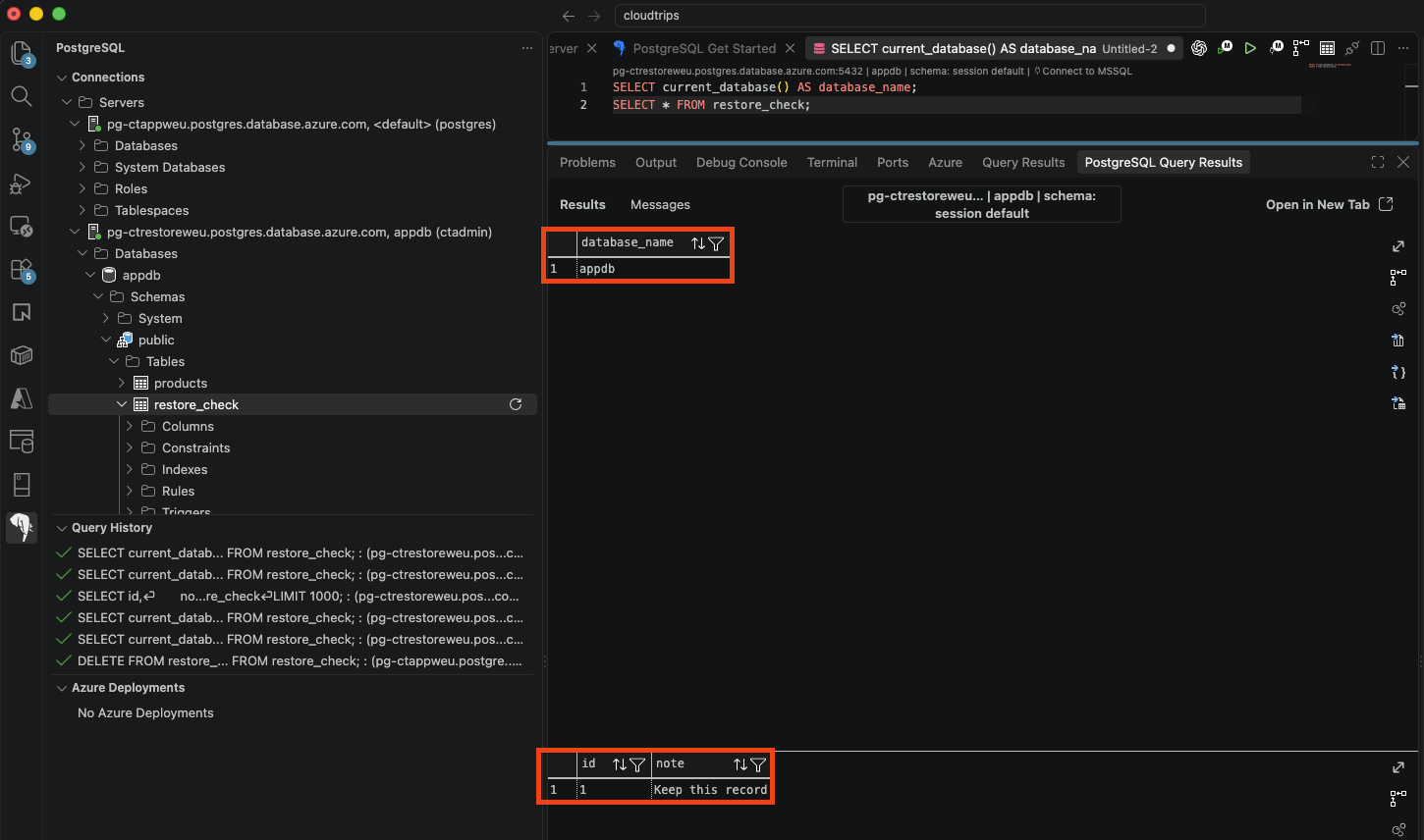 Connection to pg-ctrestoreweu showing appdb and the recovered row Keep this record