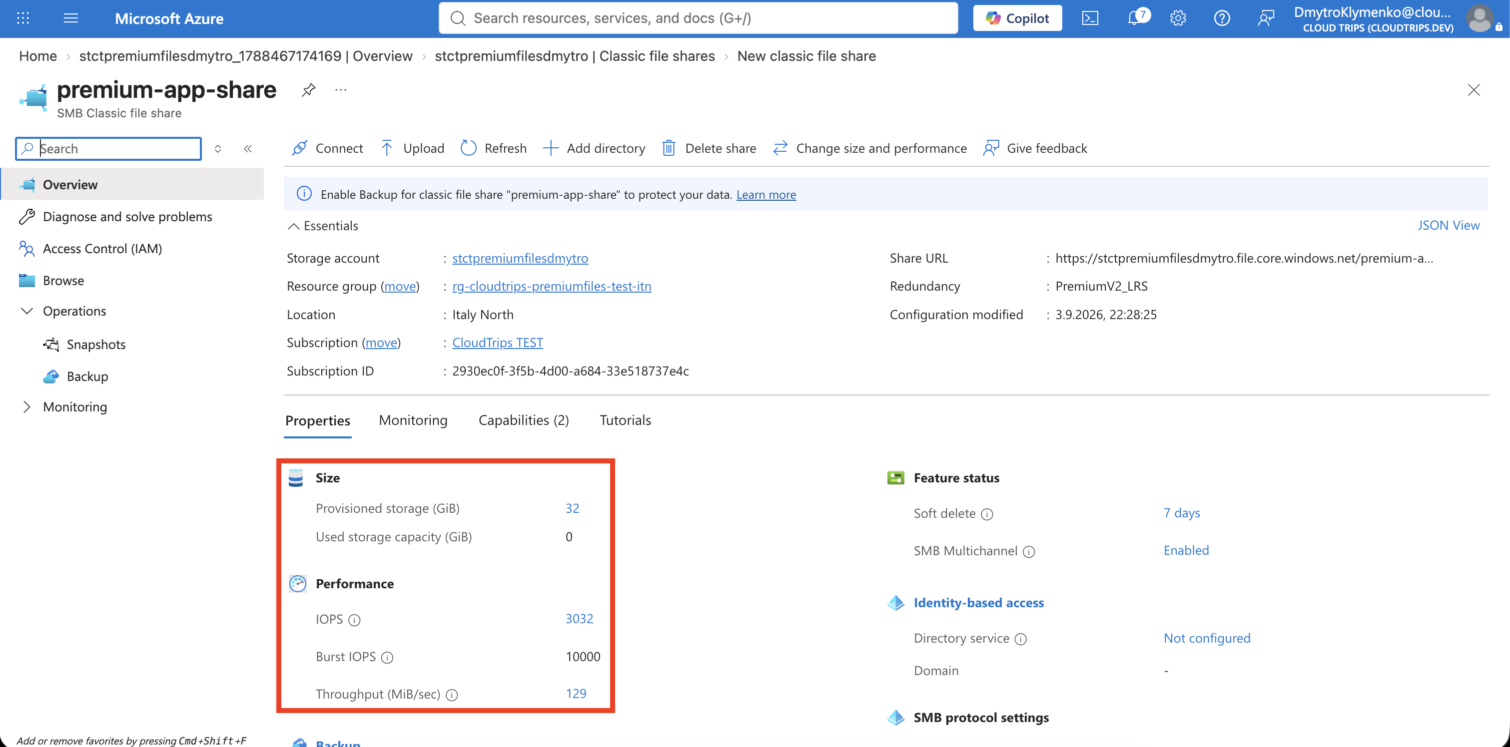 New premium-app-share page showing 32 GiB and the recommended provisioned IOPS and throughput