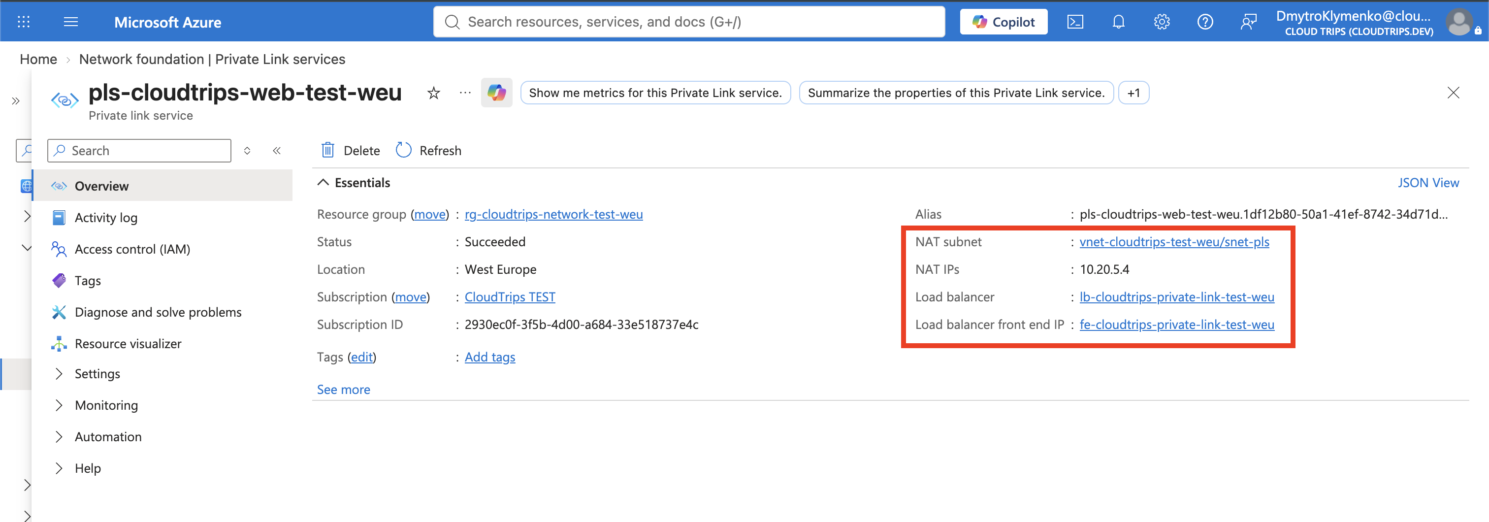 Private Link Service outbound settings bound to the internal Load Balancer frontend and snet-pls