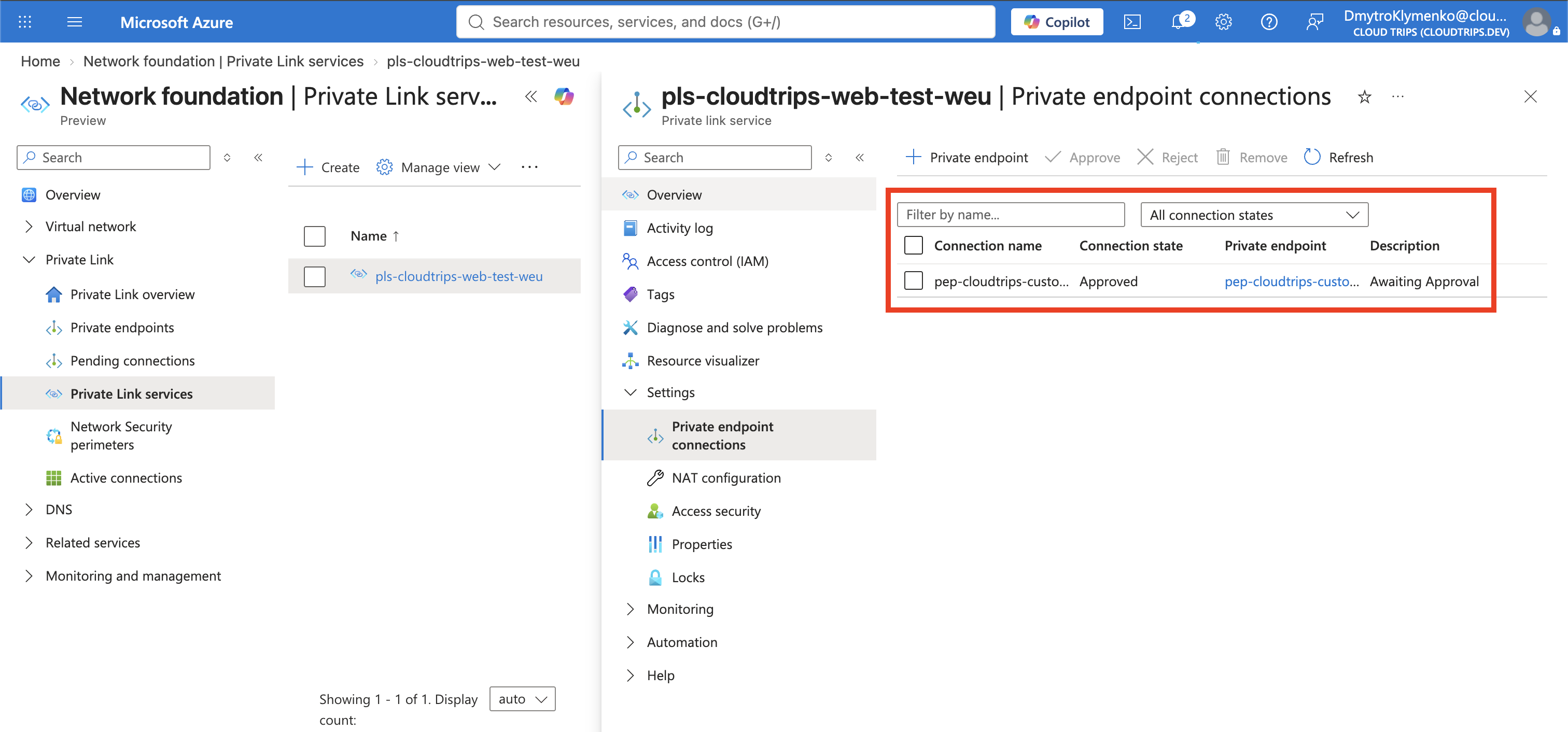 Approved consumer private endpoint connection on the Private Link Service