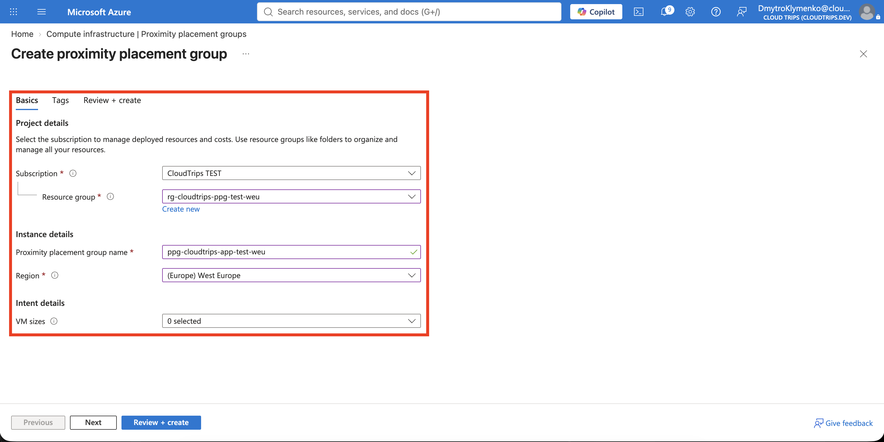 Create proximity placement group page with the CloudTrips resource group, region, and name