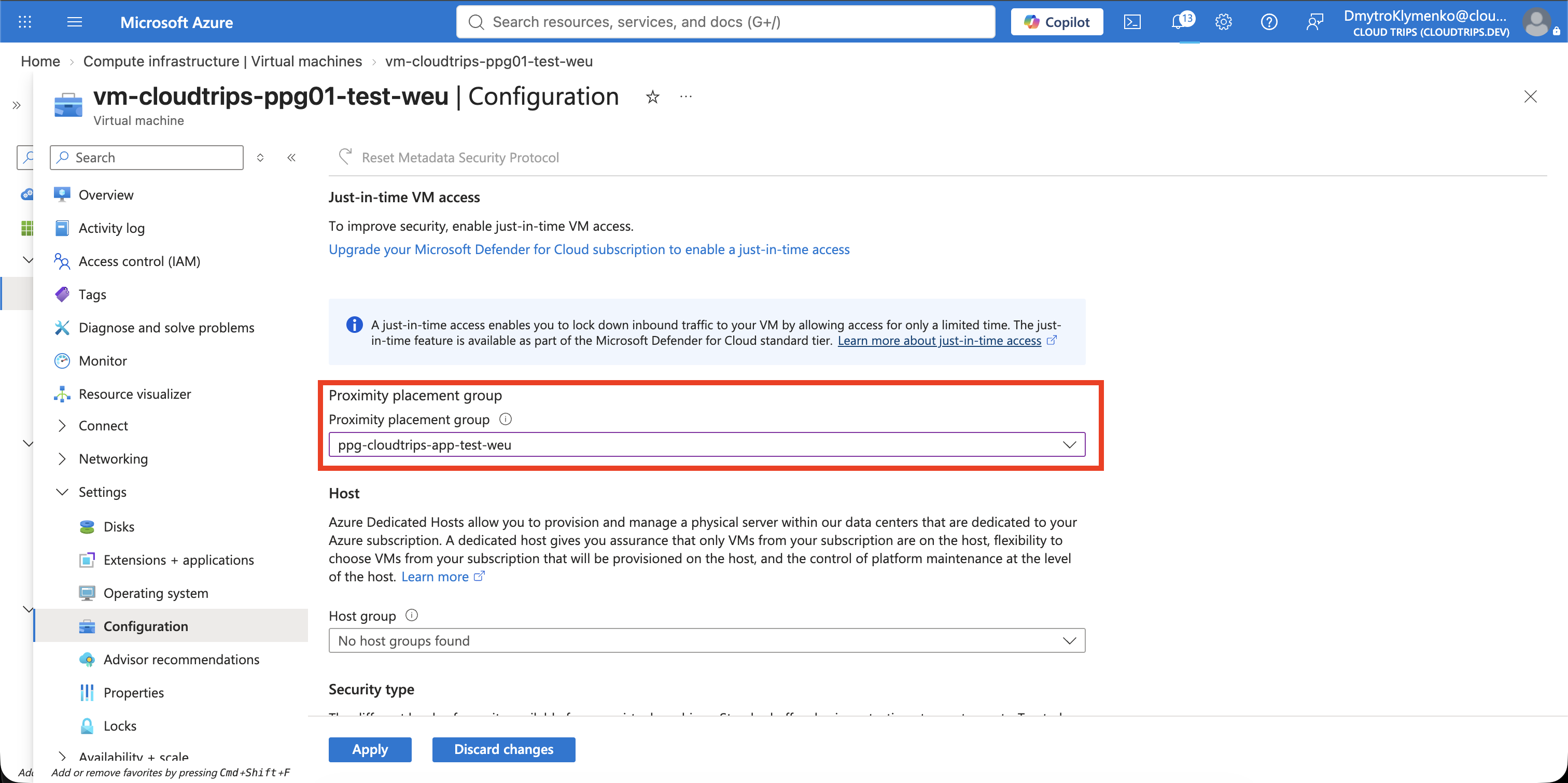 VM Configuration page with the CloudTrips proximity placement group selected