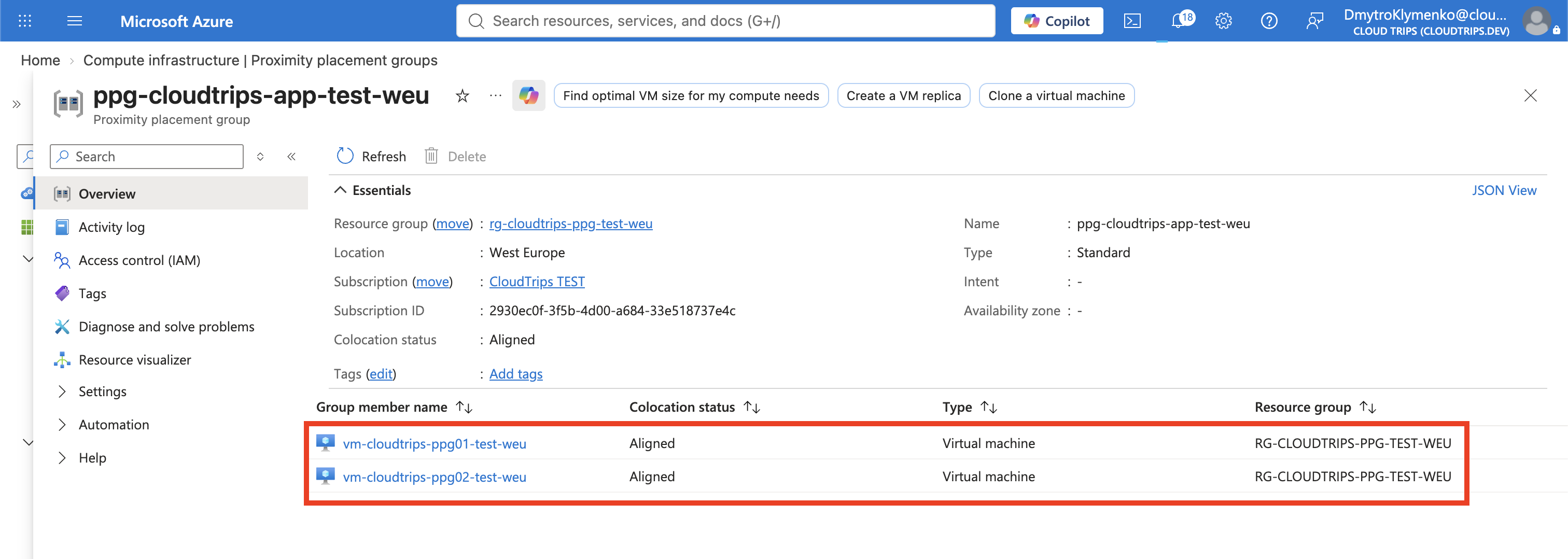 Proximity placement group overview showing both VMs with Aligned colocation status