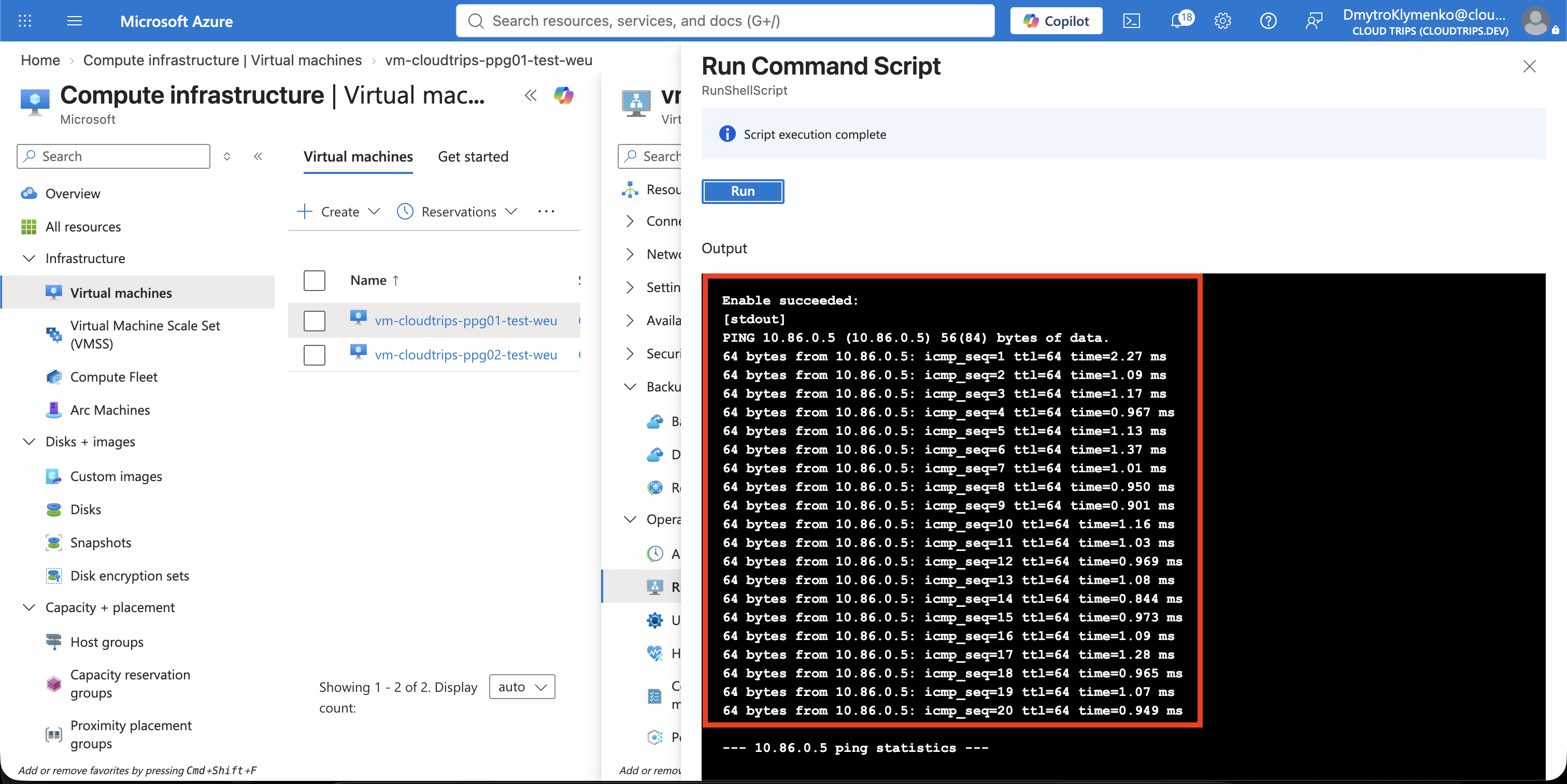 Run Command output showing the private-IP ping and round-trip latency summary