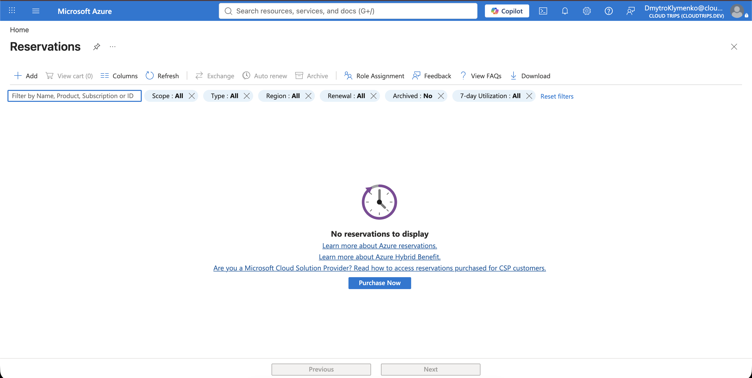 Azure Reservations page before adding a reservation