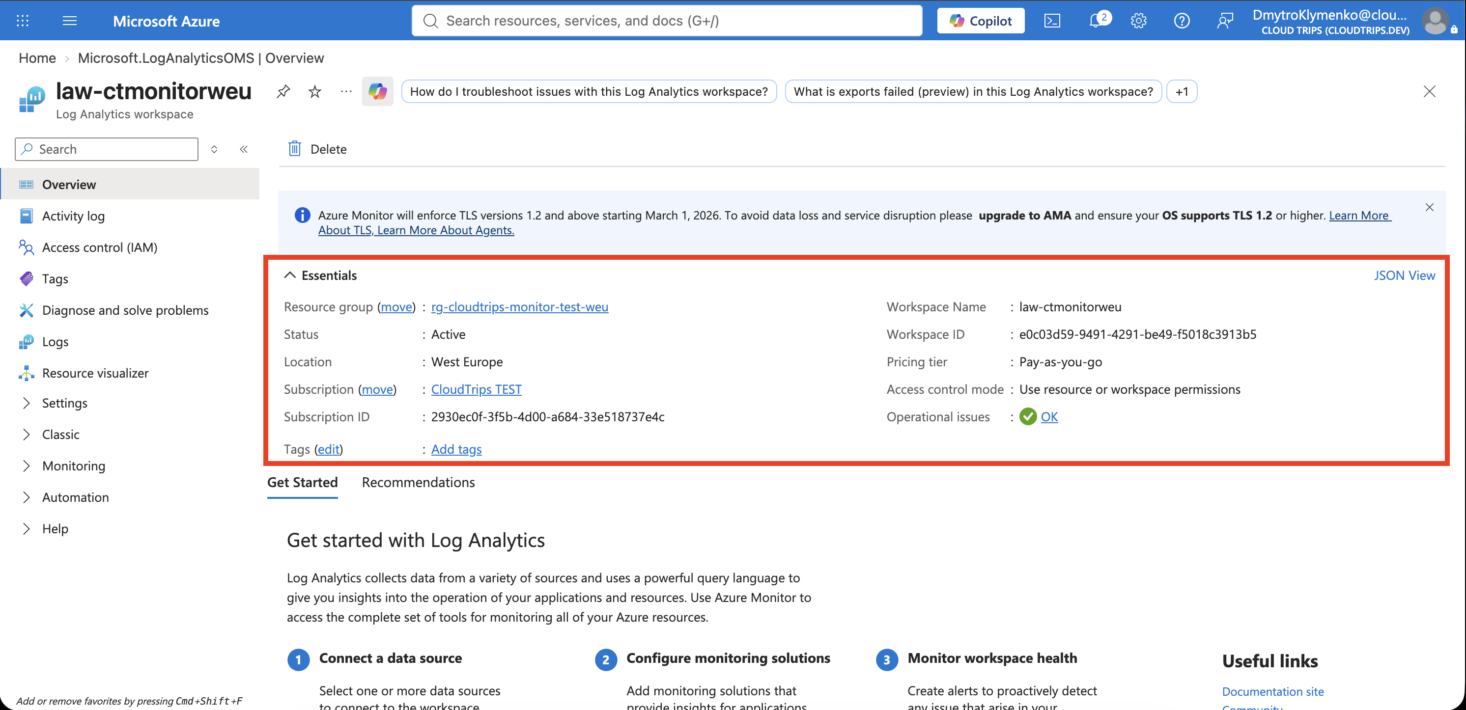 Übersicht des Log-Analytics-Workspace law-ctmonitorweu in West Europe