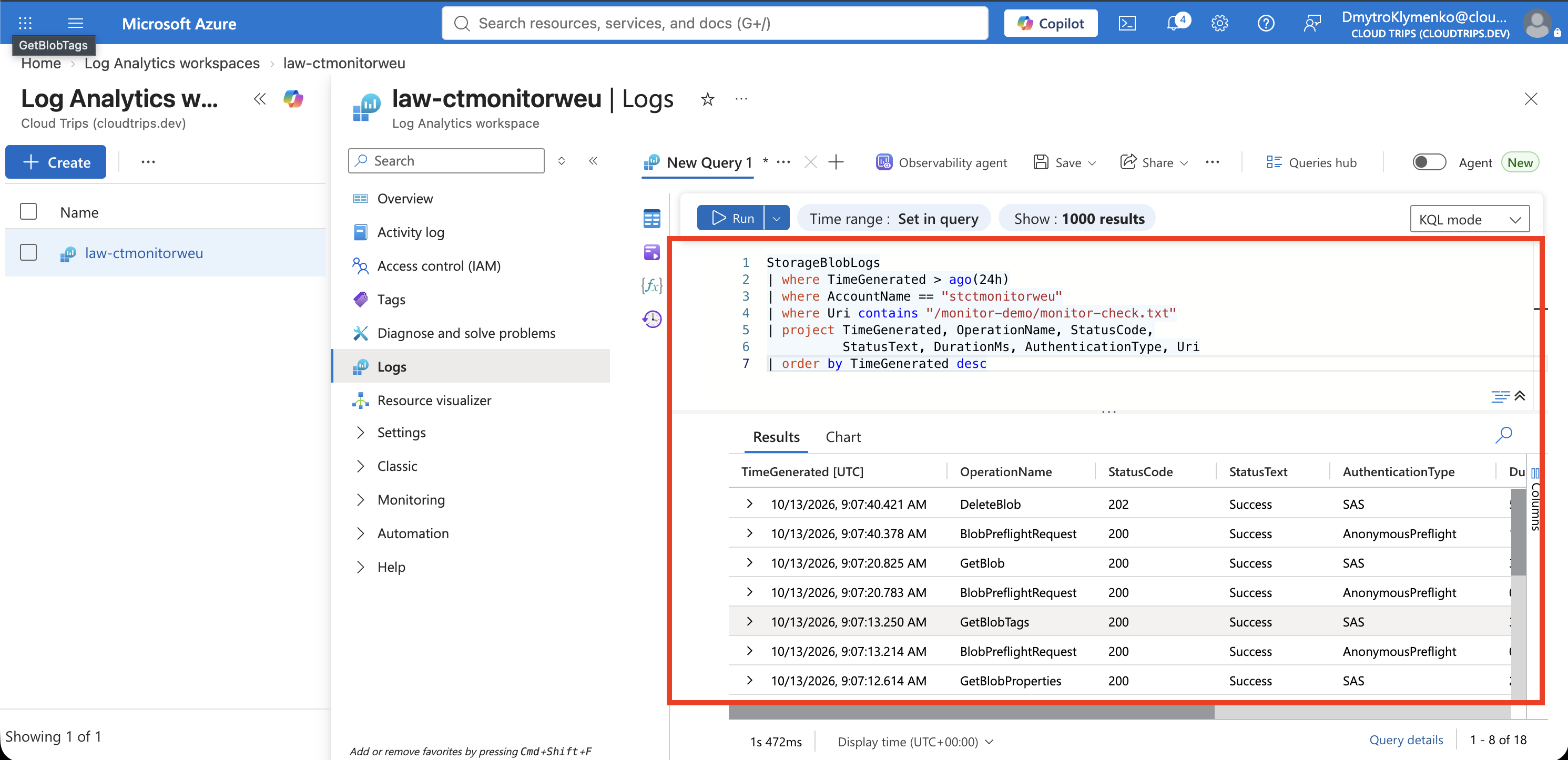 KQL-Abfrage und Blob-Storage-Anfrageergebnisse für monitor-check.txt