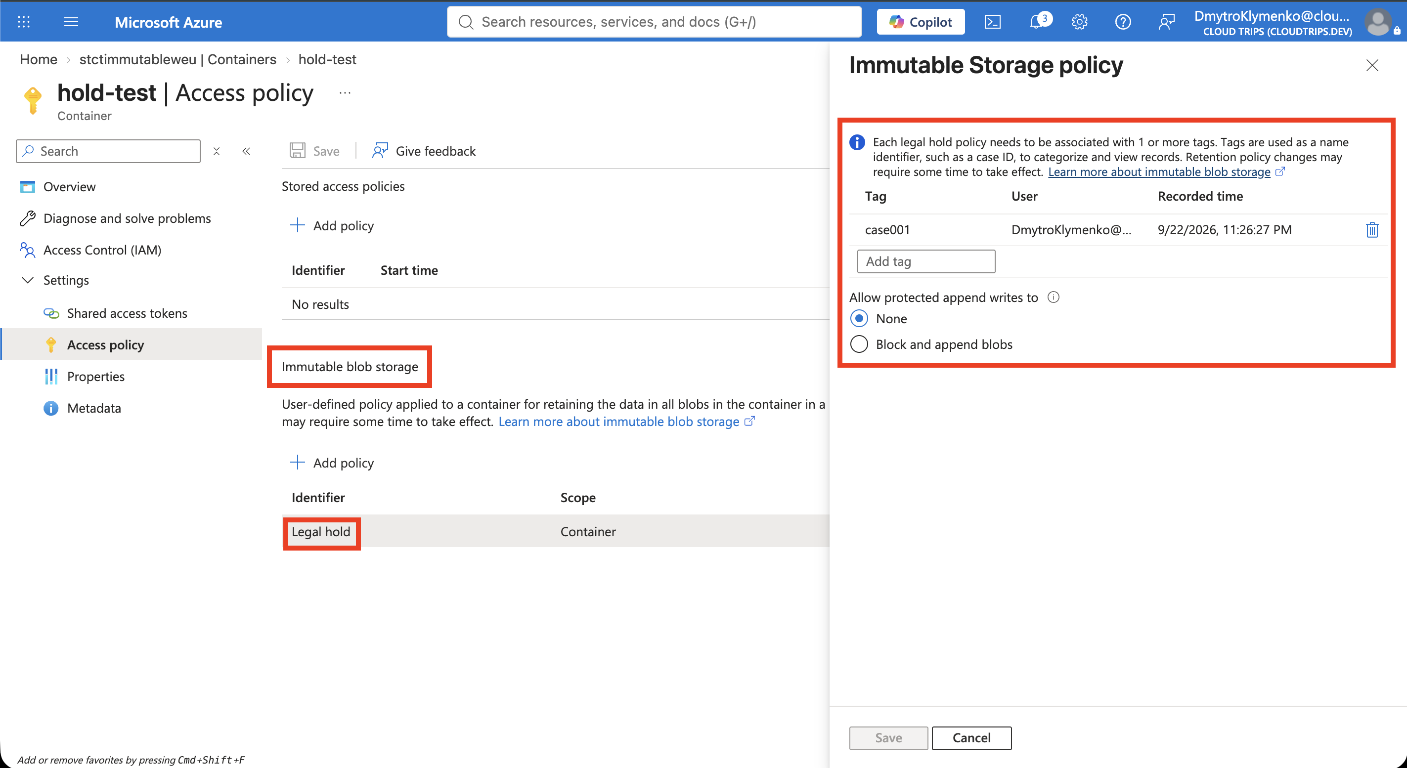 Container legal hold showing the case001 tag