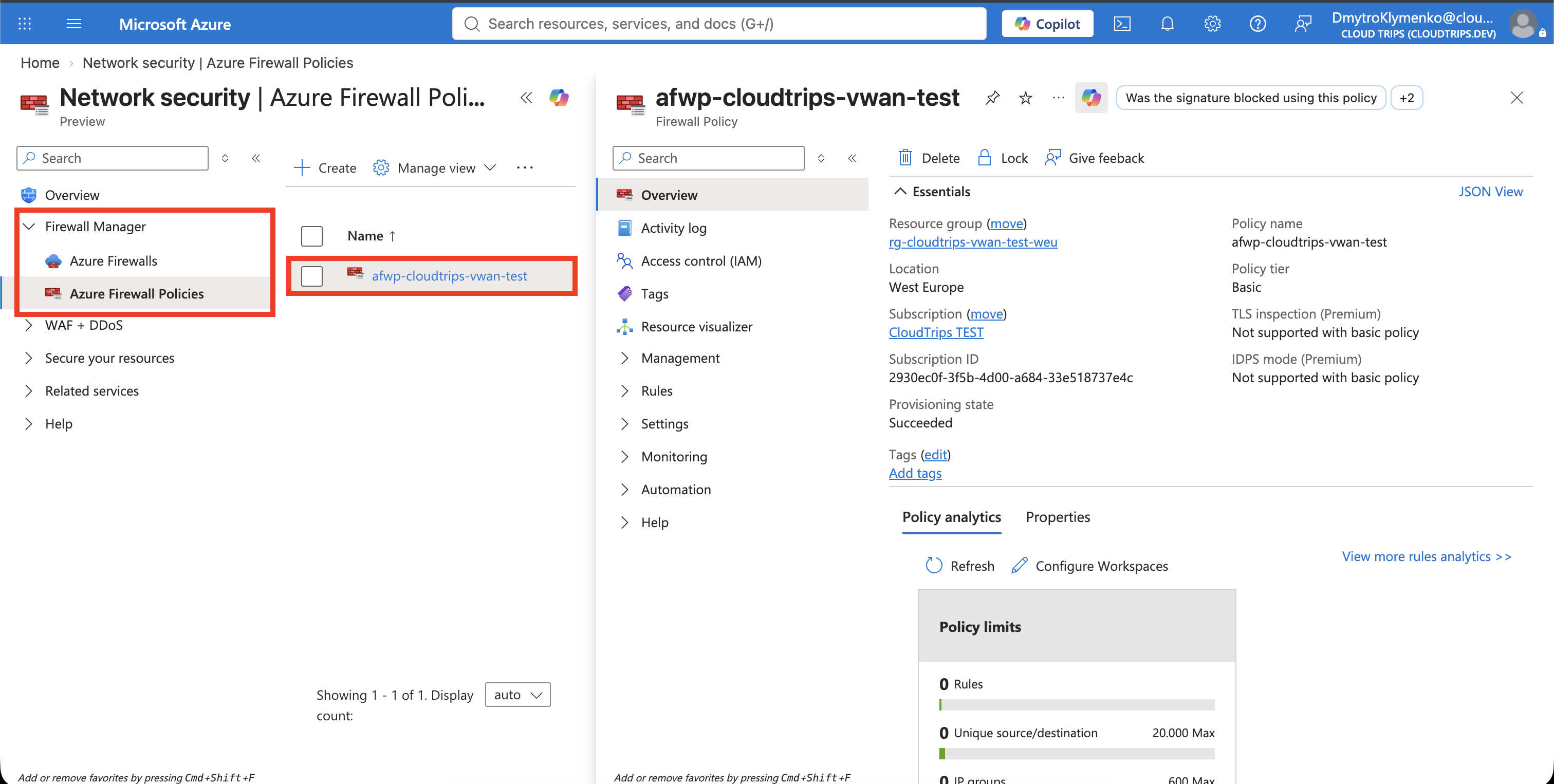 Seite Azure Firewall Policies mit der erstellten Basic-Policy afwp-cloudtrips-vwan-test