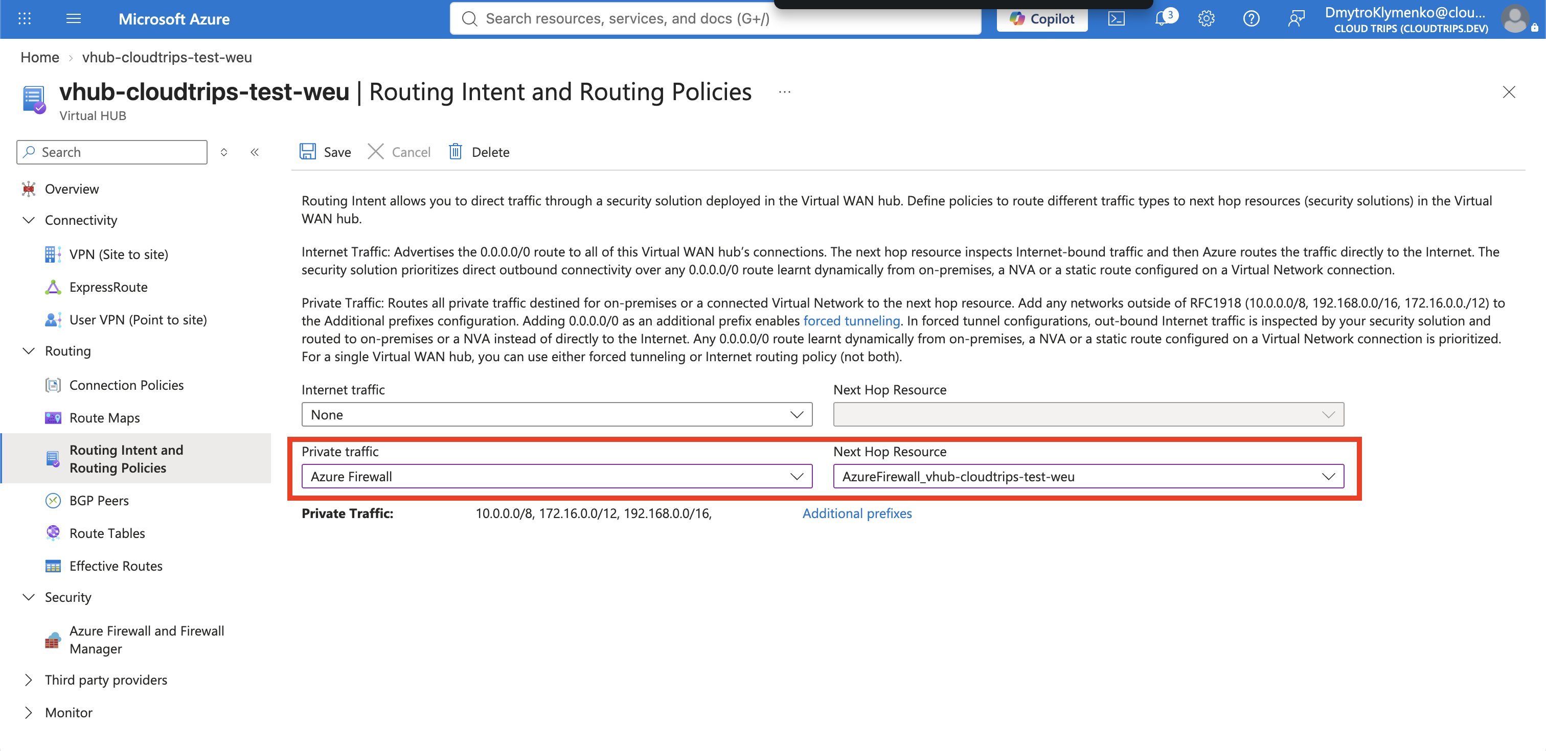 Seite Routing Intent and Routing Policies mit privatem Datenverkehr über die Hub-Firewall und nicht konfiguriertem Internetverkehr
