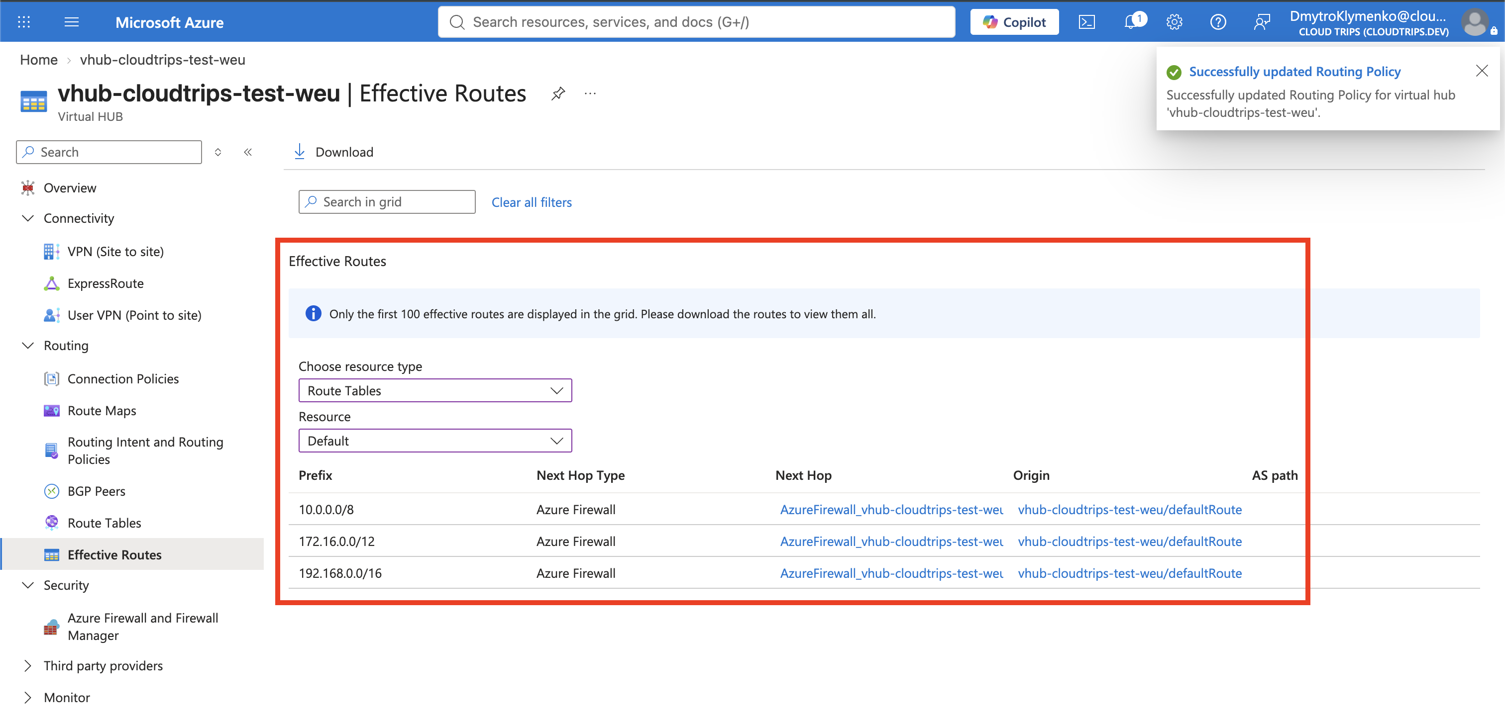 Effective Routes des Virtual Hubs mit den privaten Adressbereichen und Azure Firewall als Next Hop
